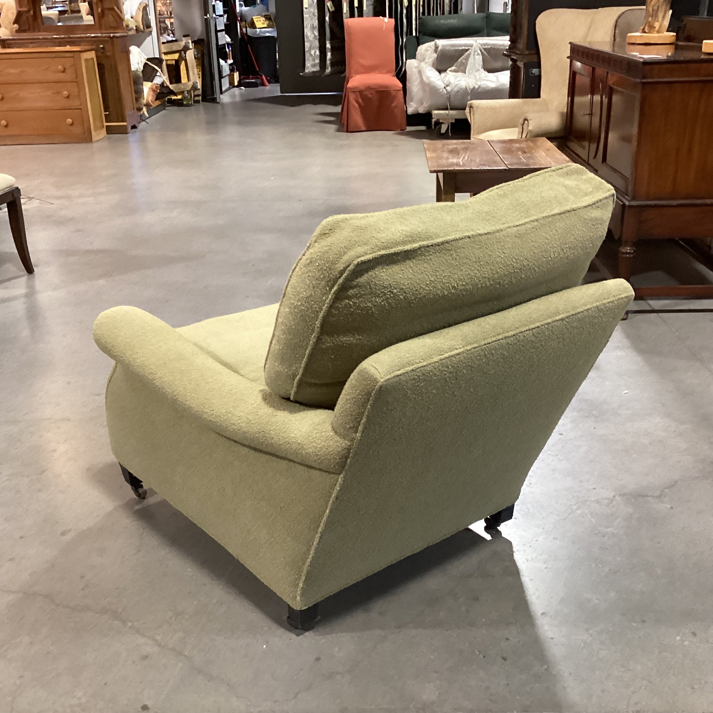 Reed Green Boucle Down Mix on Casters Chair 33"x 40"x 27"