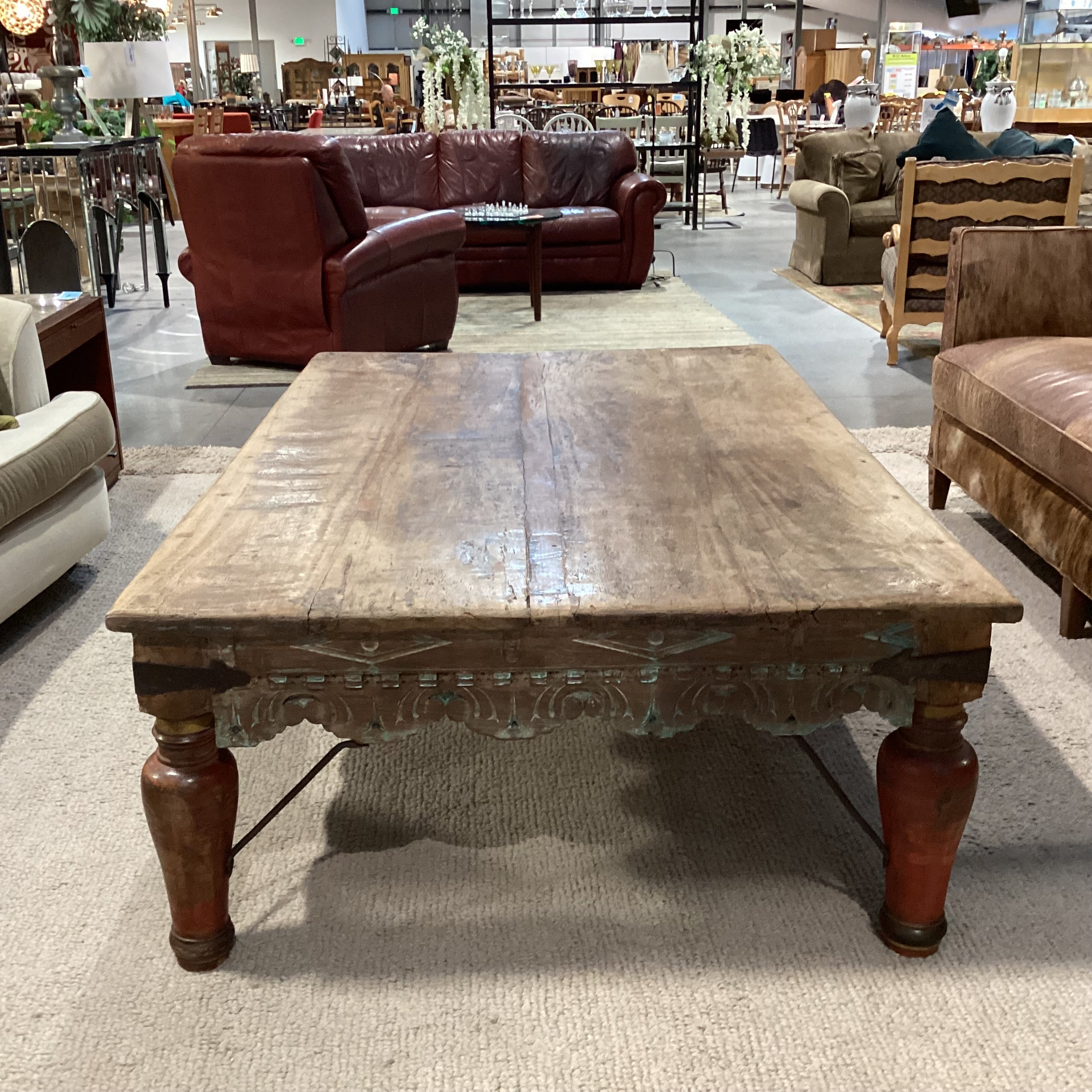 Malabar Coast Carved Wood Iron & Distressed Painted Detail Coffee Table 72"x 46.5"x 23"