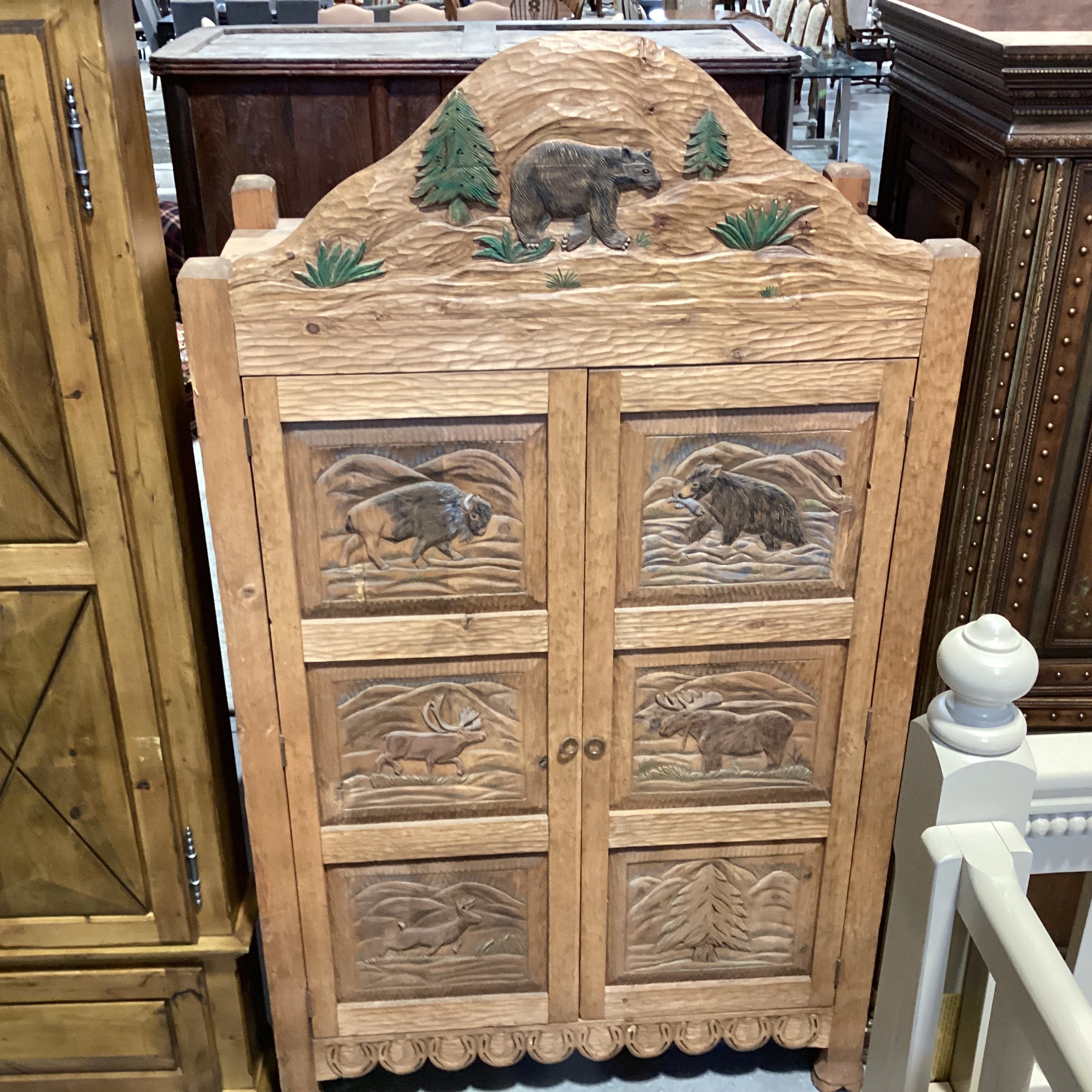 Rustic Hand Carved Bear Moose Elk Buffalo 2 Door with Shelves Armoire 48"x 26"x 84"