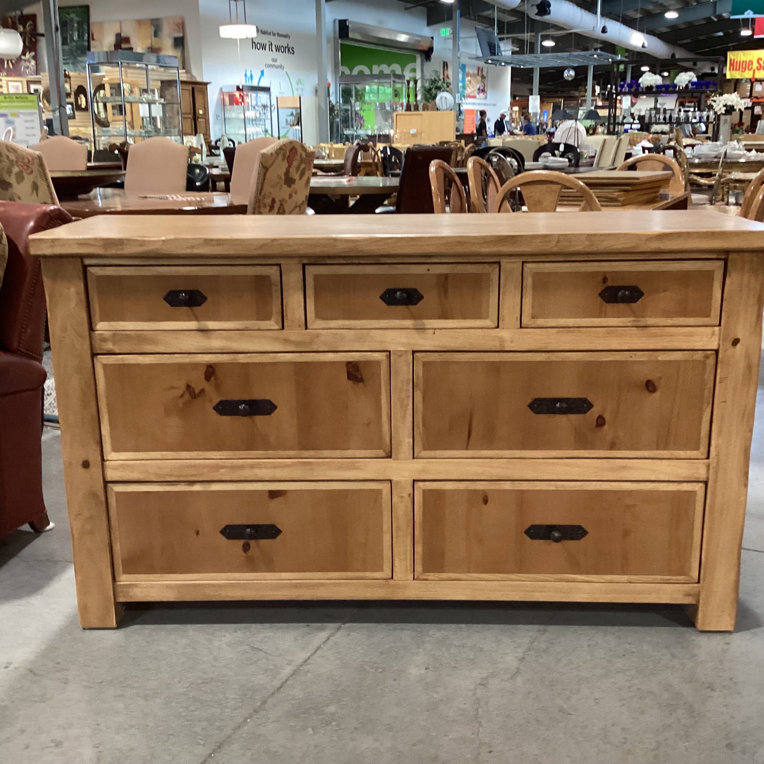 2 Tone Light Finish Solid Wood with Iron Accent 7 Drawer Dresser 64"x 19"x 38"