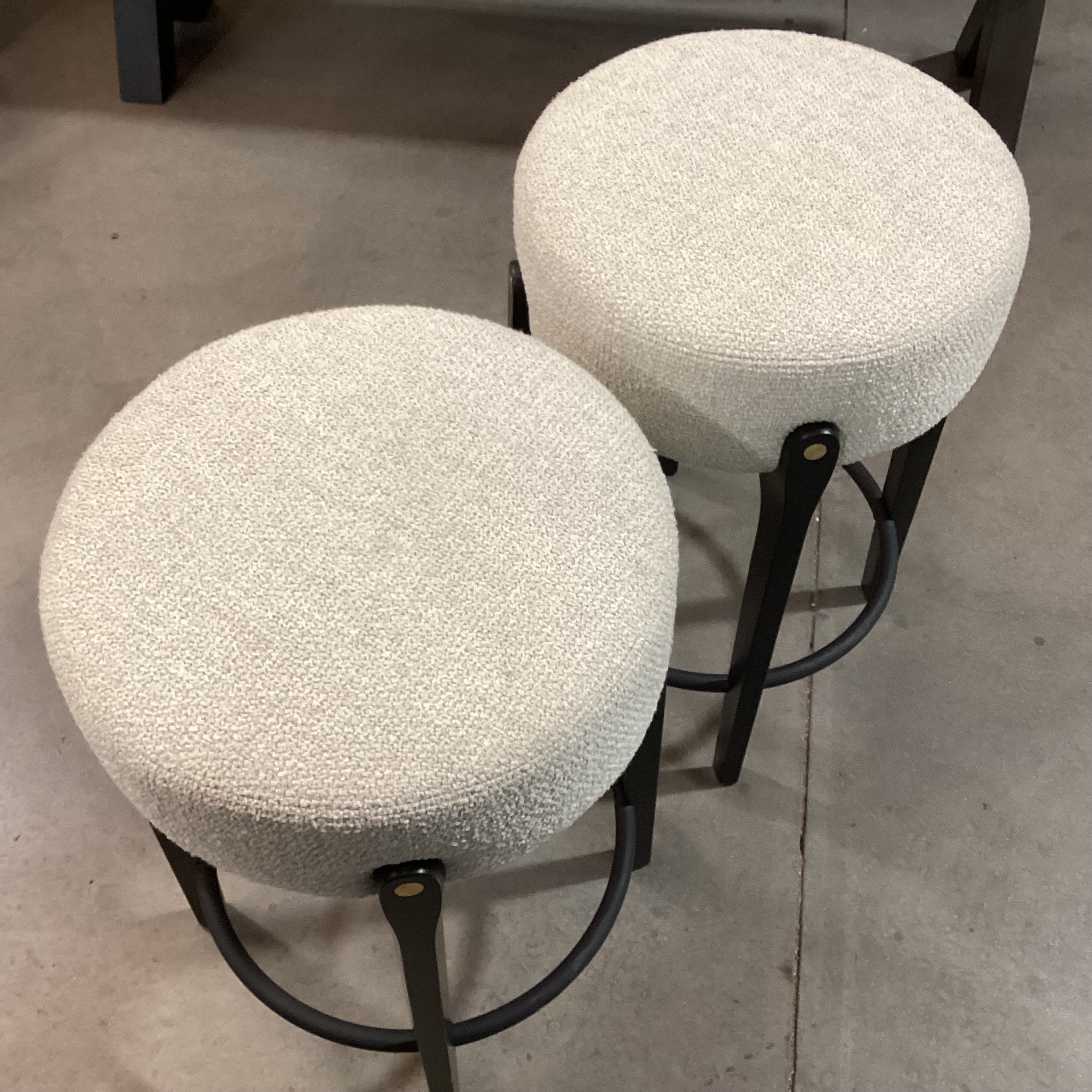 SET of 2 Arhaus Bottoni Italian BoucleDark Finish Wood & Metal with Brass Accent Bar Stools 24"