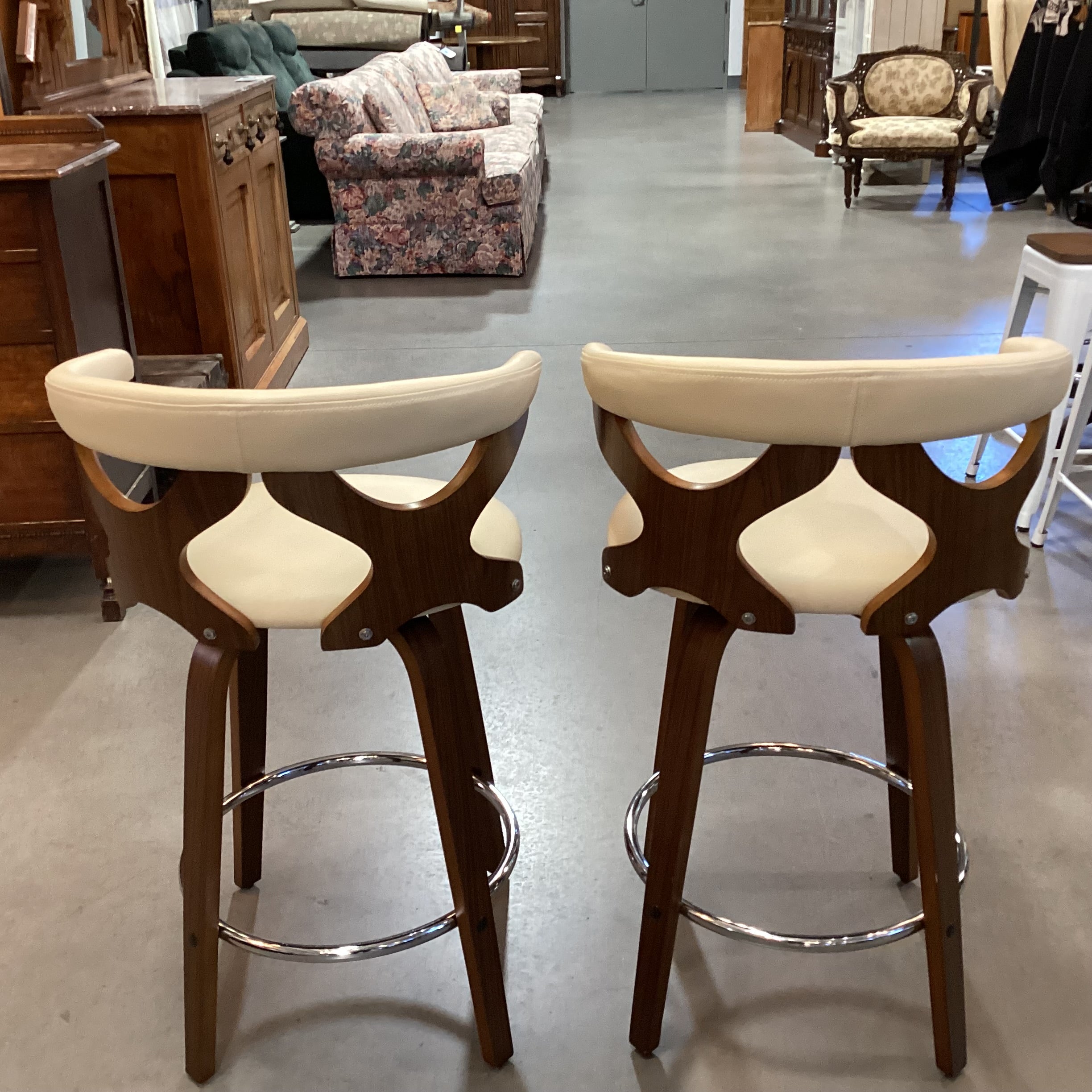 SET of 2 Lumisource Gardenia Mid Century Style Faux Cream Leather & Wood Barstools 25"