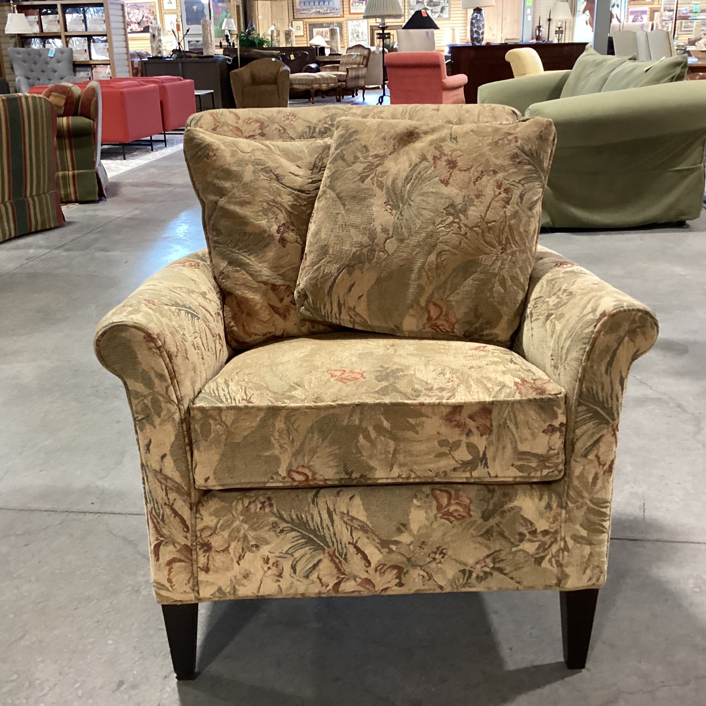 Golden Tan Green & Red Floral Chair 34"x 36"x 36"