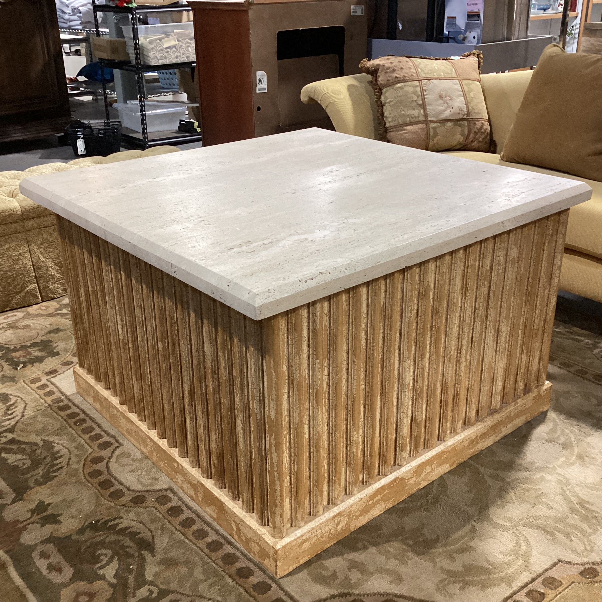 Custom Ribbed with Textured Crackle Finish Wood 1 Door with Shelf Travertine Top Accent Table 48"x 48"x 30"