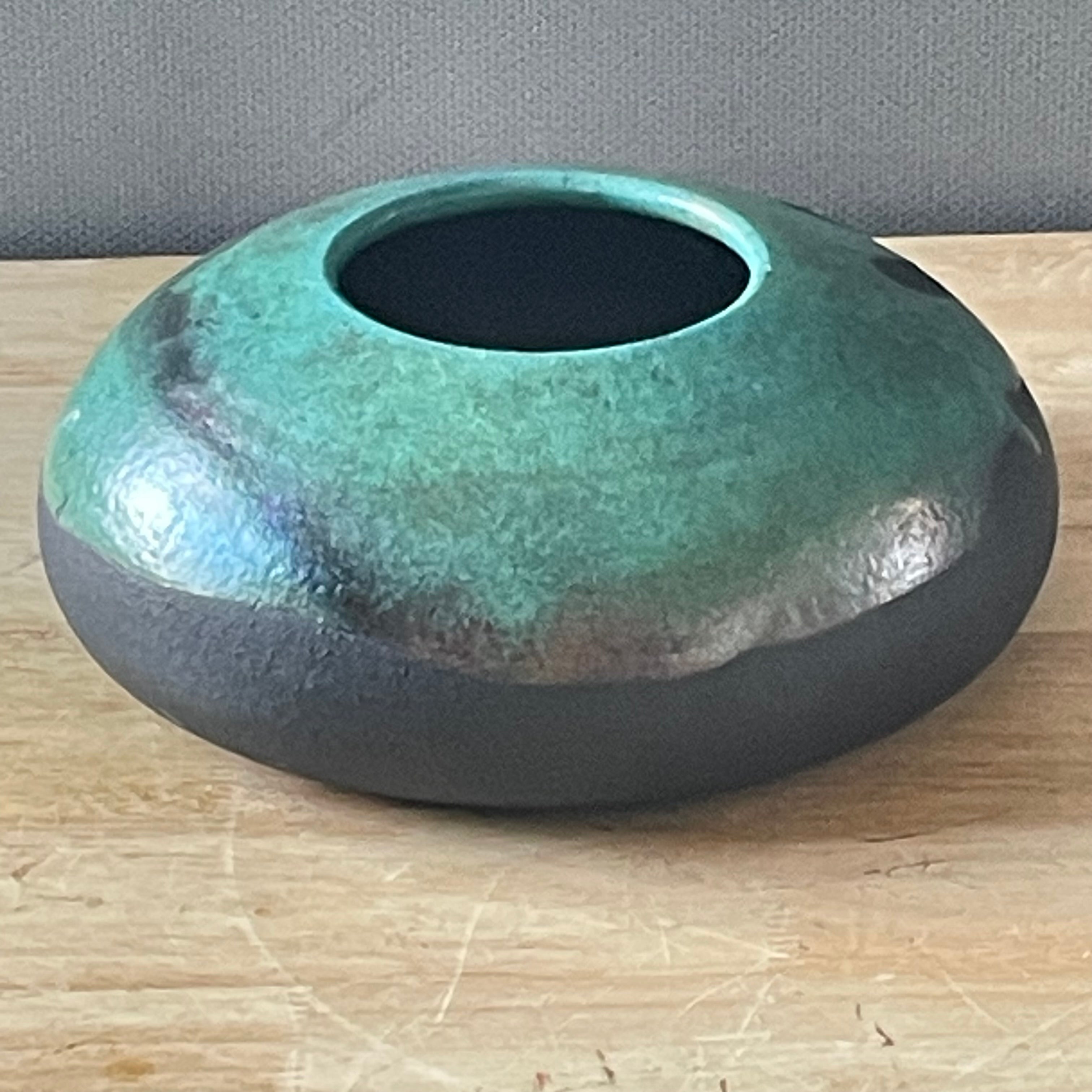 Robbrecht Troost Signed Raku Vibrant Turquoise Glaze, Matte Black Ceramic  Ikebana Vase, 9"x 3"