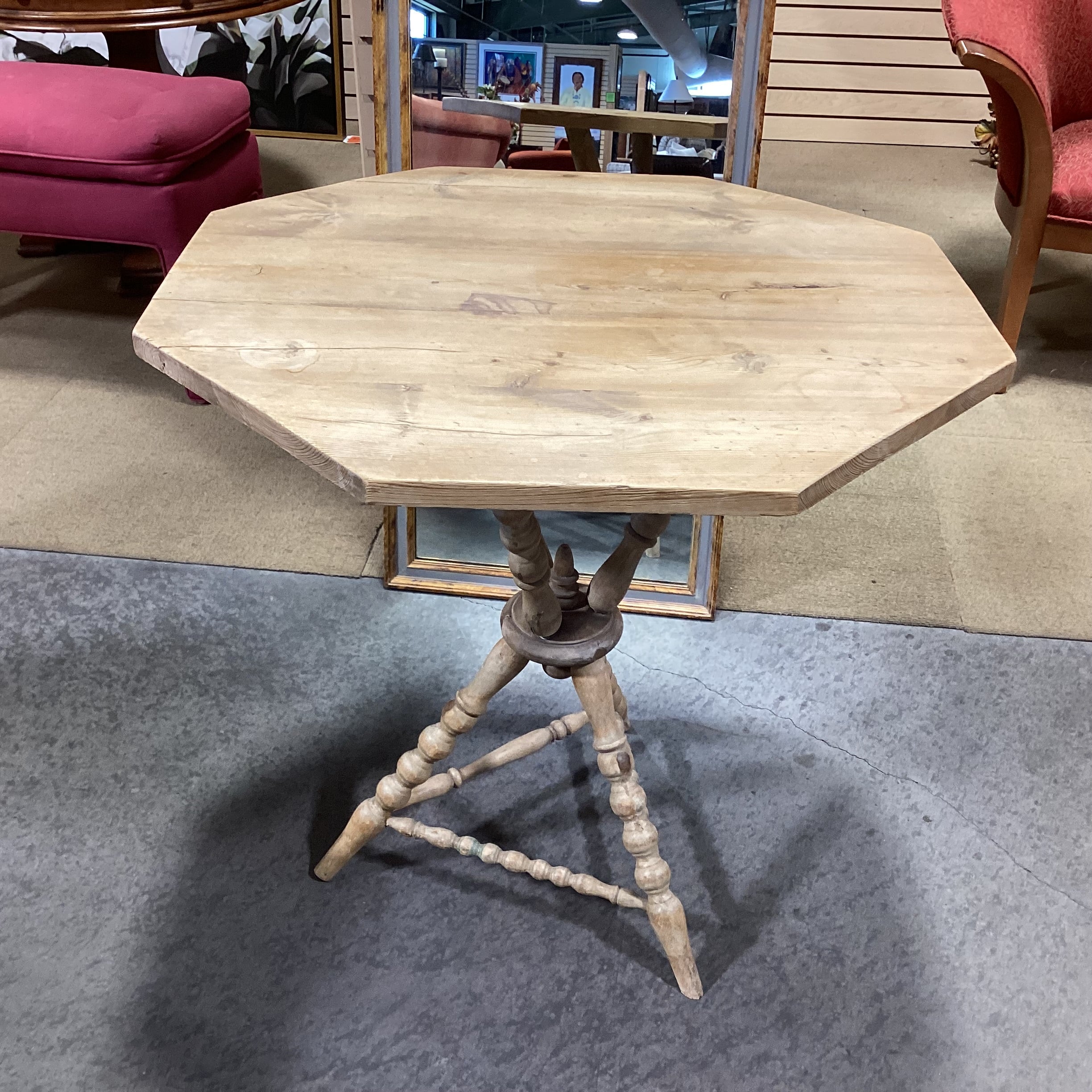 Antique Natural Pine Spindle Carved Tri Leg Octagon Top Accent Table 28.5"x 28.5"x 29.5"