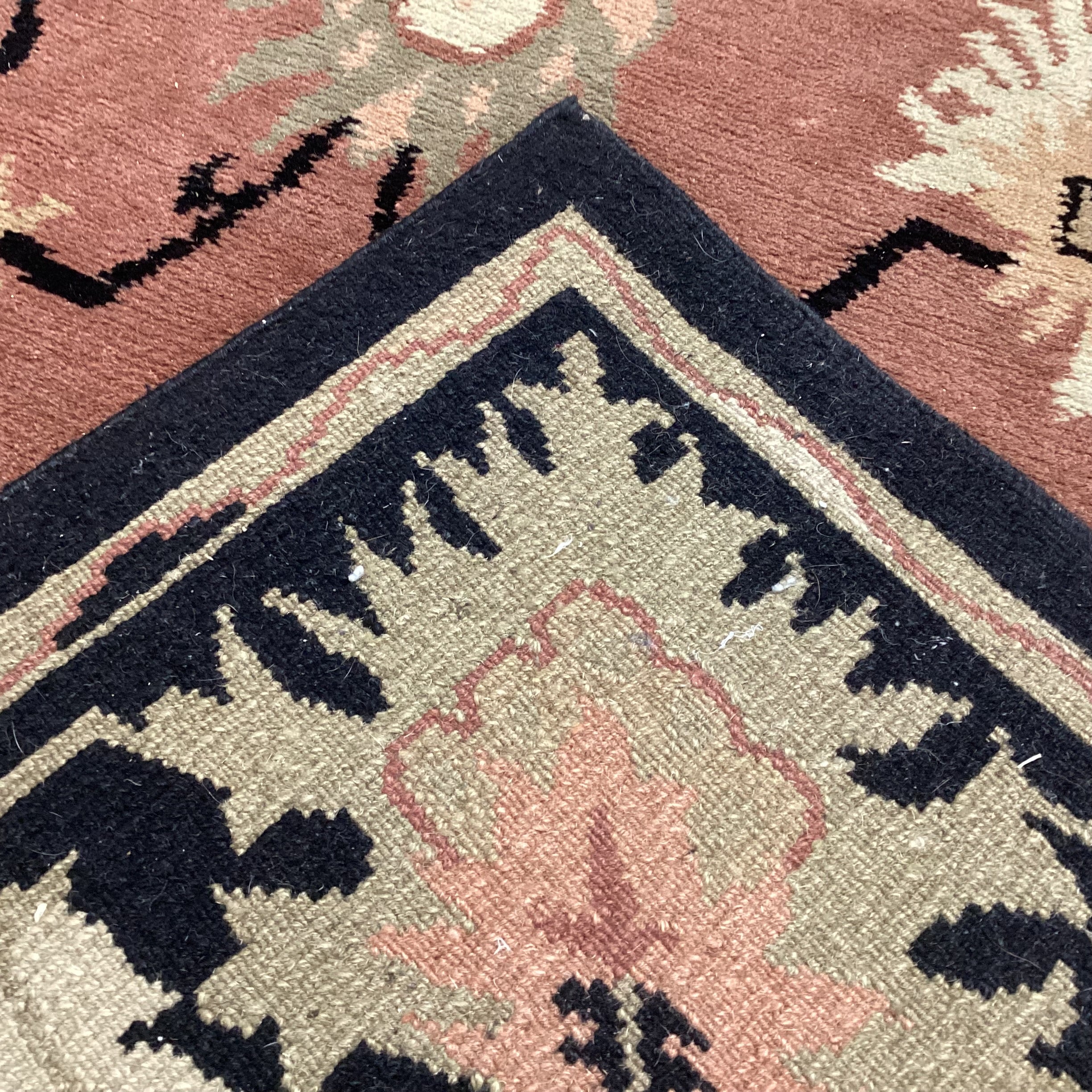 Blush Cream Sage Floral with Black Border Hand Woven Nepal Wool Rug 5'5"x 11'11"