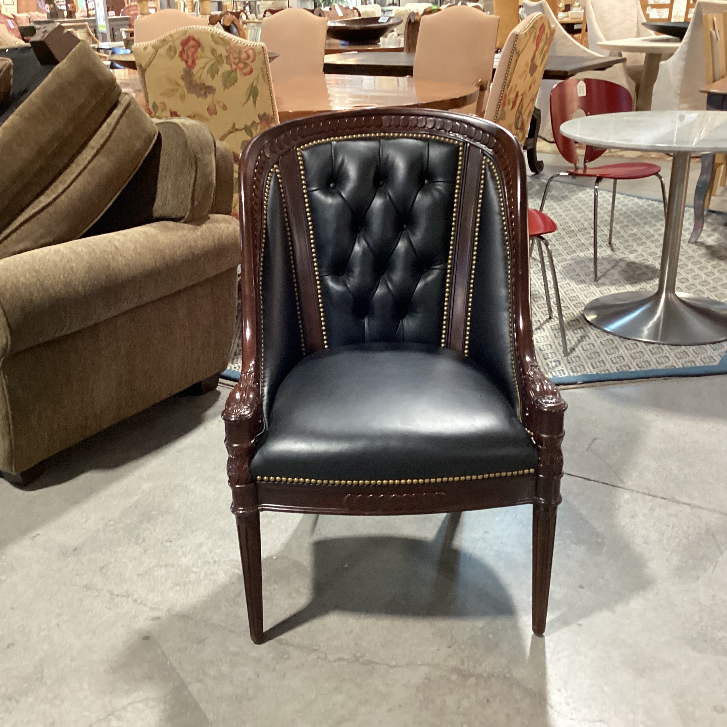 Hancock & Moore Ornate Mahogany Finish Wood Black Leather Tufted Nailhead Accent Chair 27"x 32"x 39"