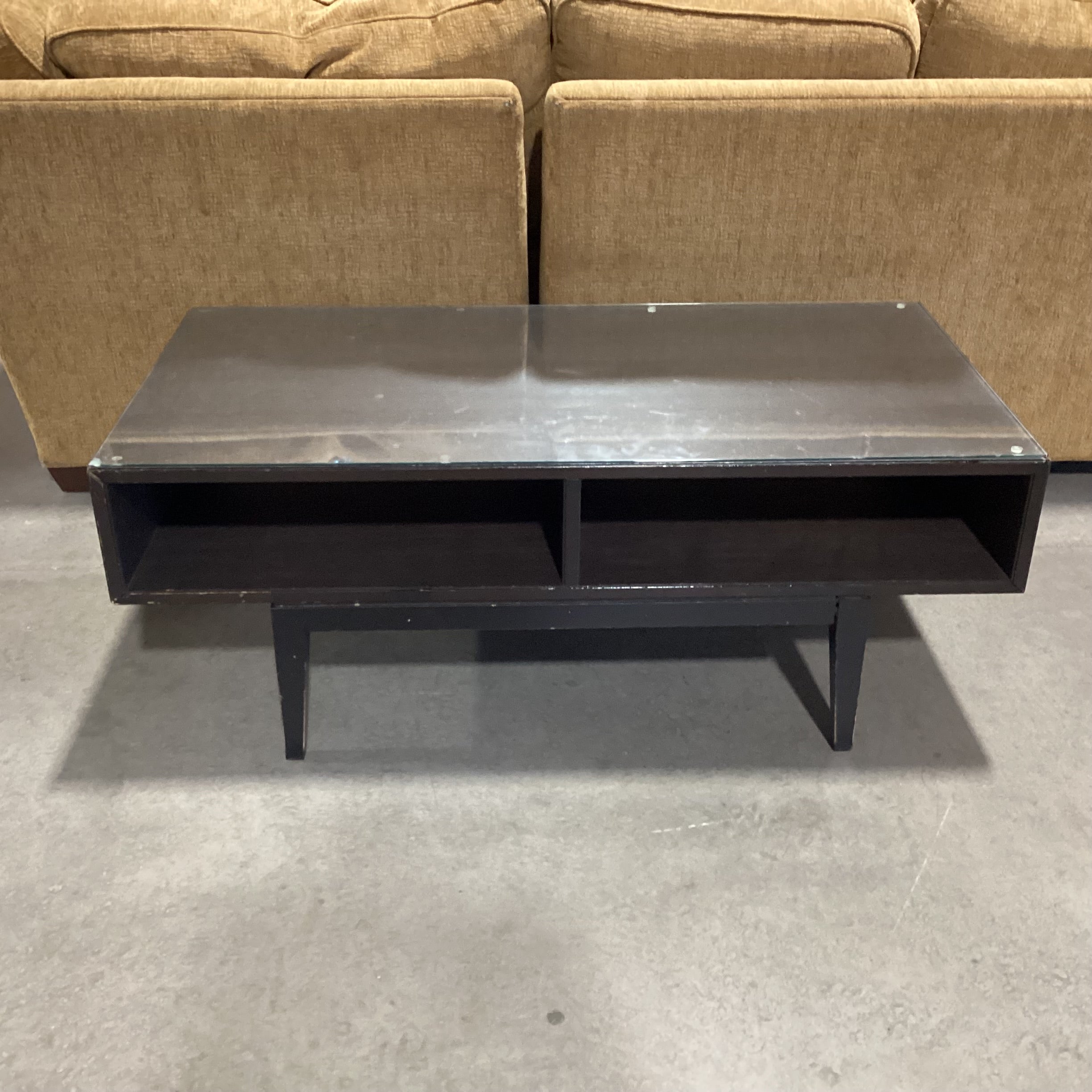 Mid Century Style Dark Wood & Veneer 2 Cubby Glass Top Coffee Table 46.5"x 23.5"x 18.5"
