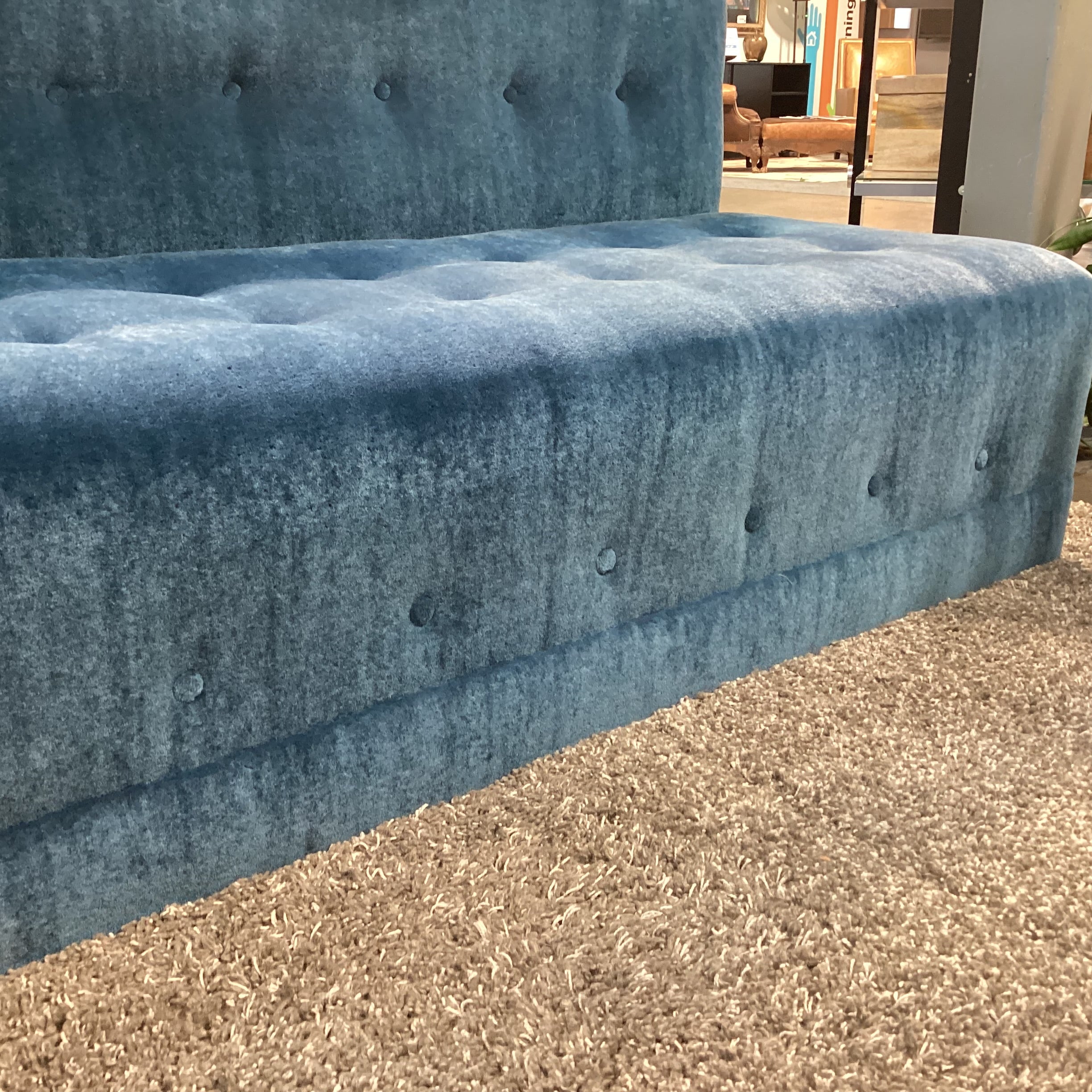 Custom Blue Teal Mohair with Button Tufting Armless Sofa 75"x 35"x 32"