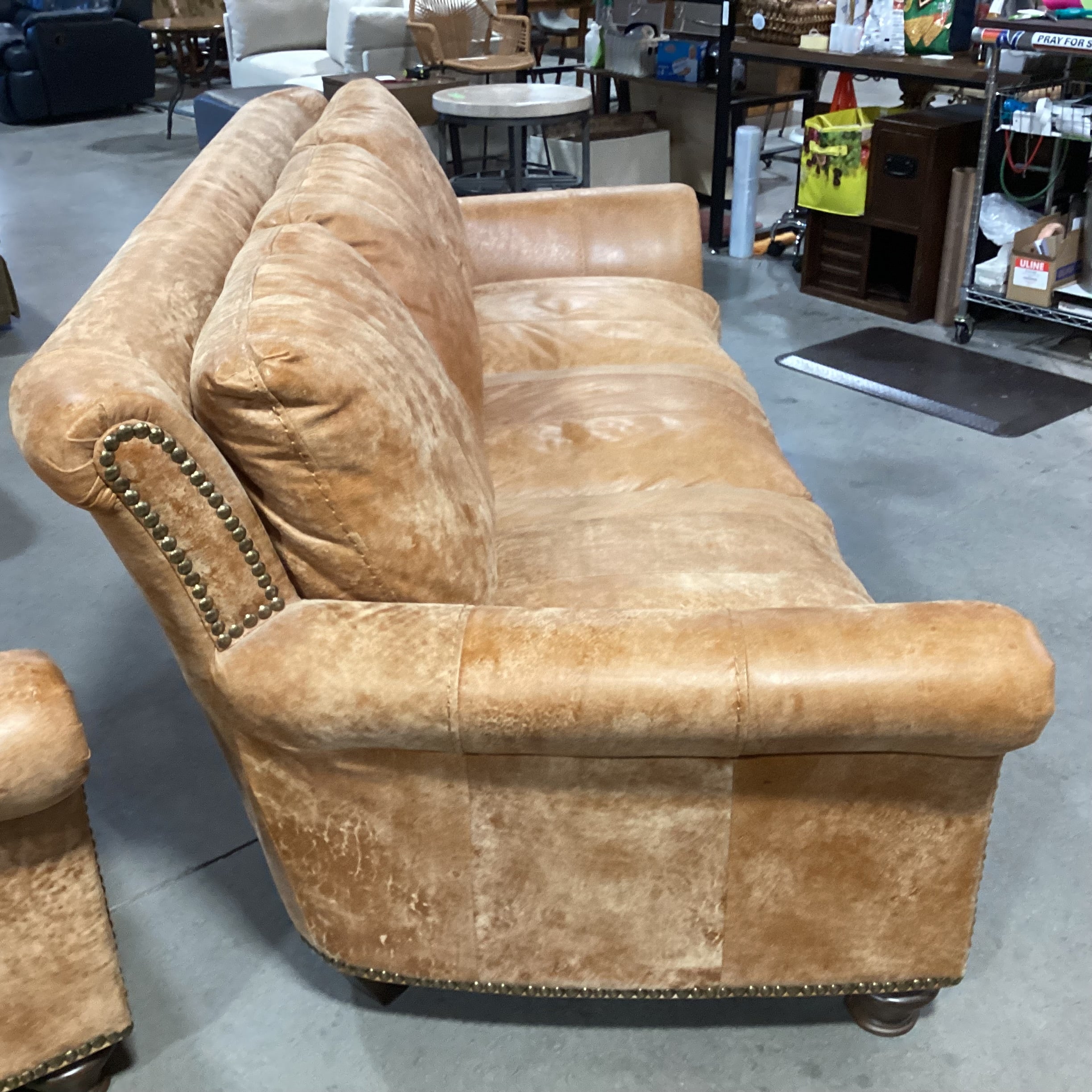 Tan Distressed Leather Nailhead with Curved Arm & Back Sofa 88"x 40"x 34"