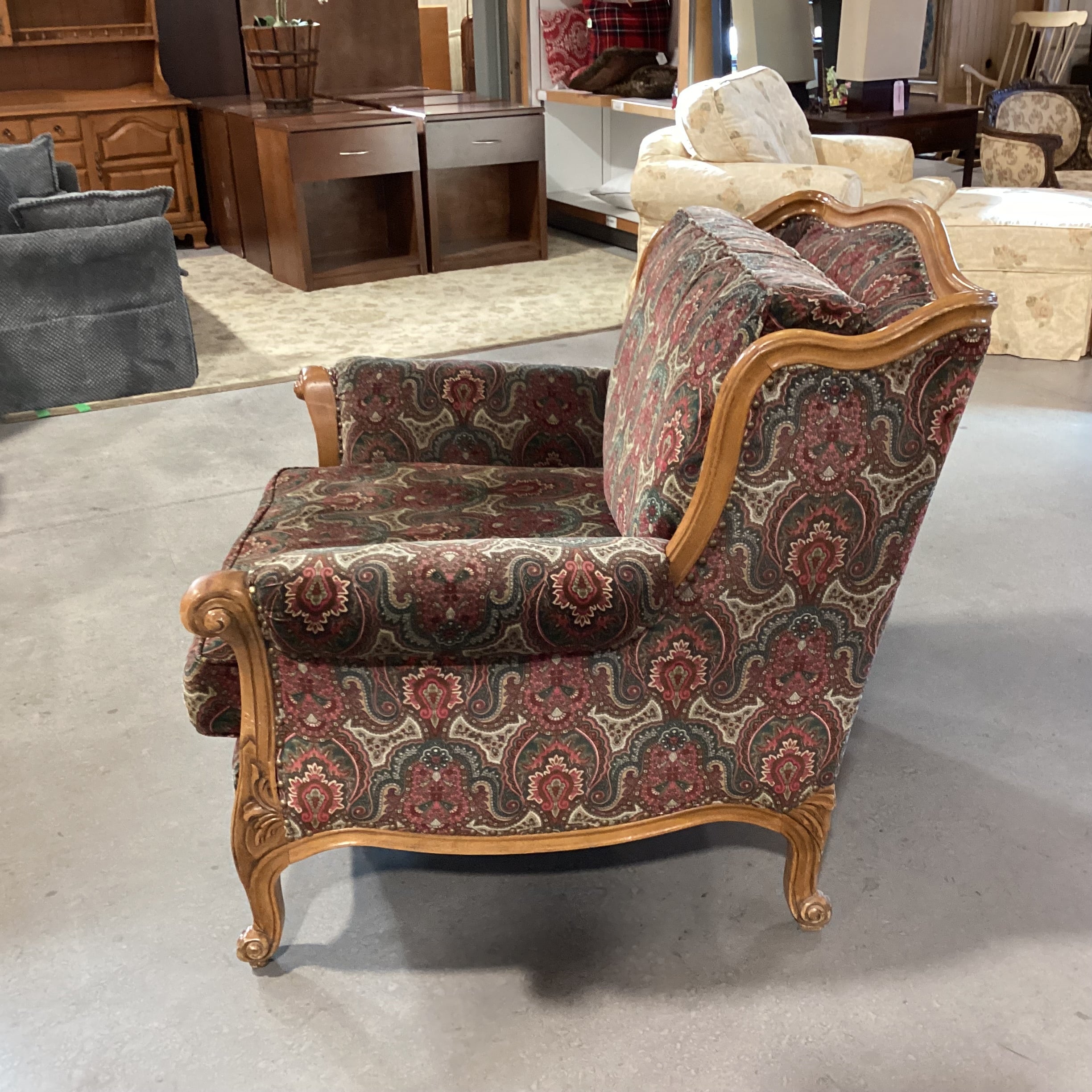 Vintage Ralph Lauren Red Green Paisley Velvet Nailhead & Carved Wood Oversized Chair 42"x 42"x 38"