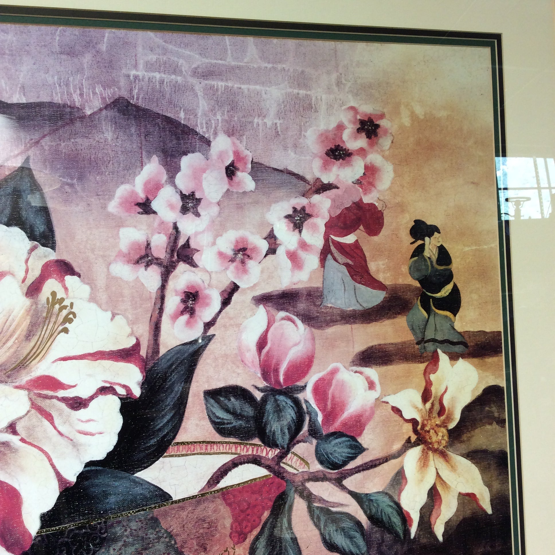Japanese Floral Arrangement Print In Gold Plexiglass Frame 57" x 42"
