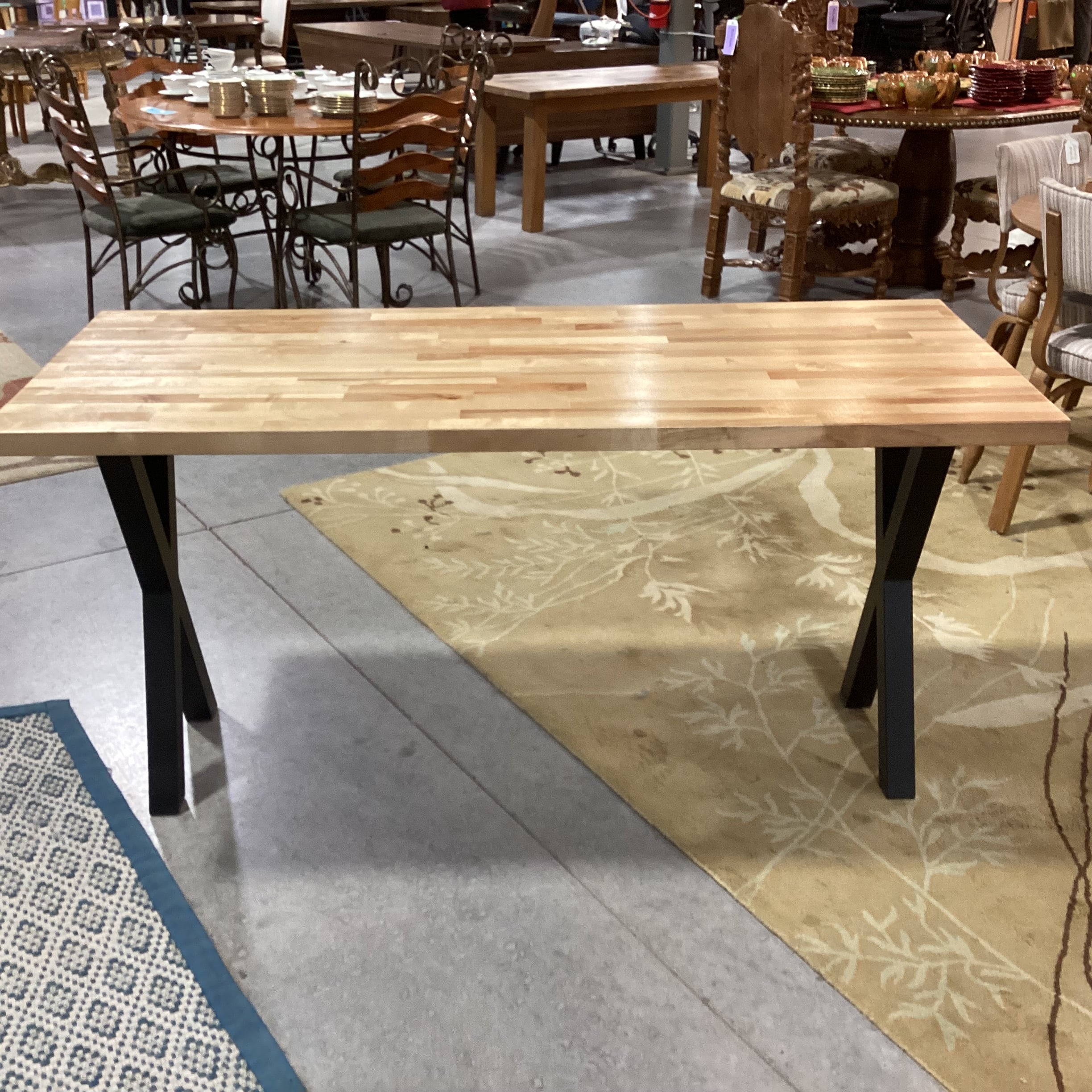 Butcher Block Wood & Black X Legs Dining Table 60"x 25"x 30"