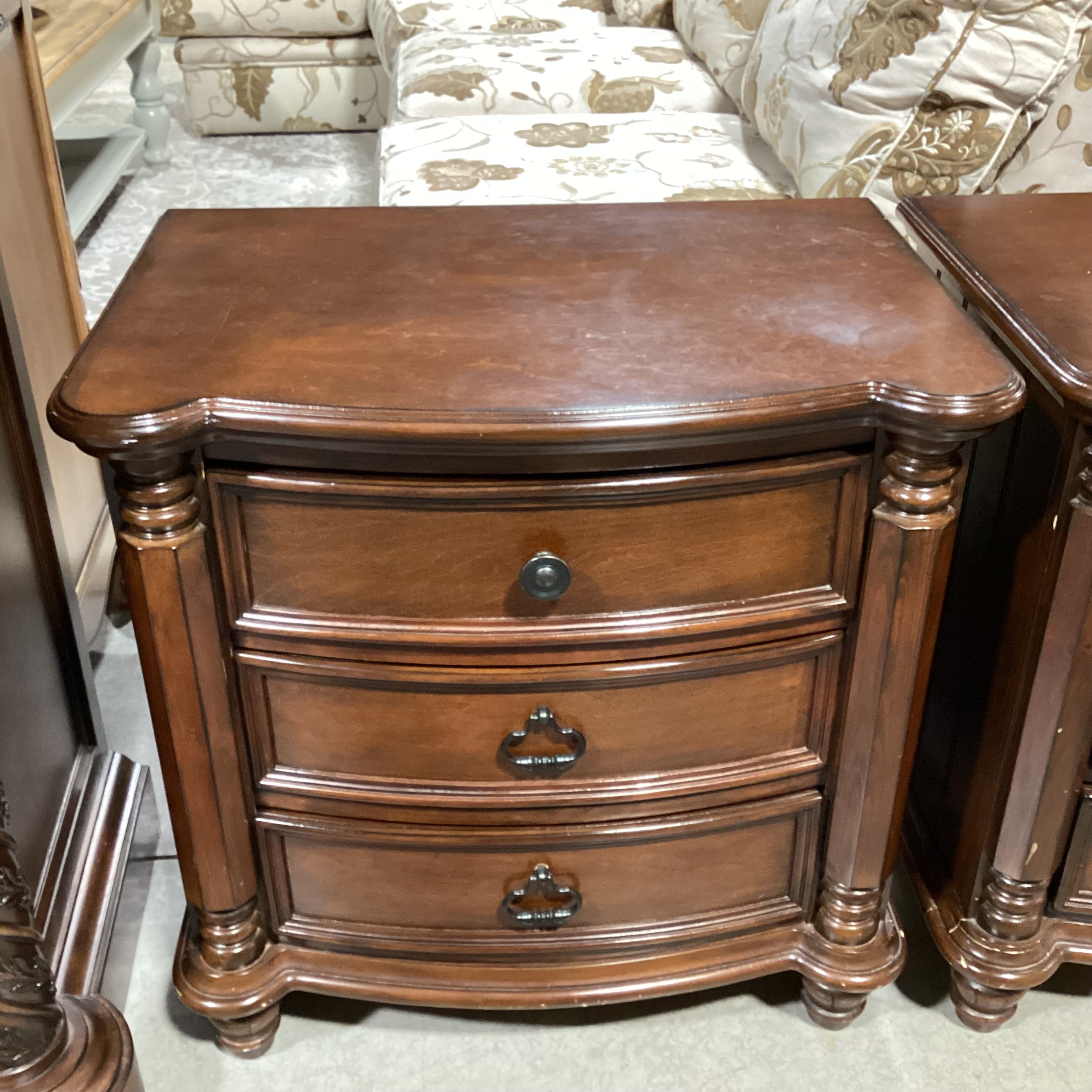 Dark Finish Carved Wood Column Detail 3 Drawer Nightstand 26"x 18"x 26.5"