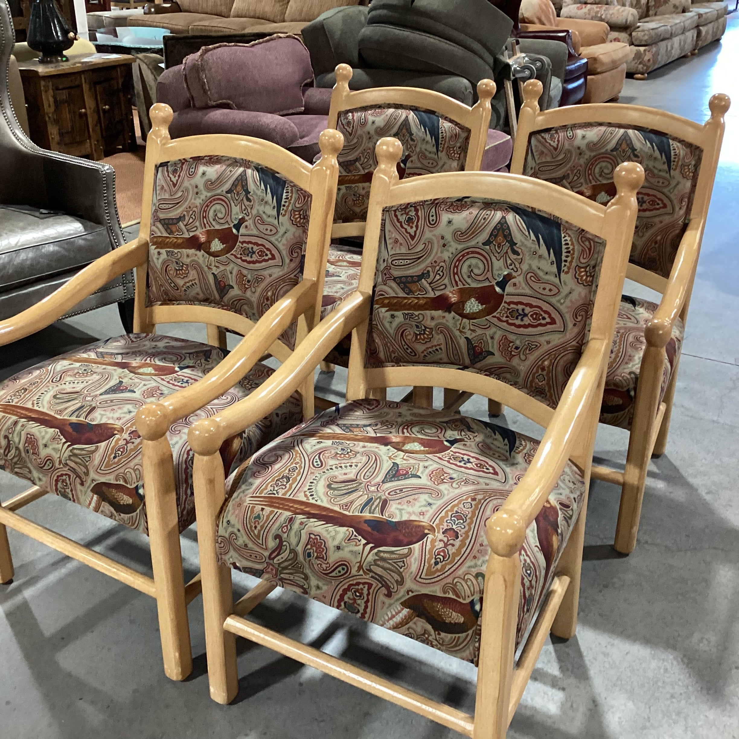 SET of 4 Beverly Interiors Custom Carved Wood & Rust Teal Pheasant Upholstered Armed Dining Chairs 24"x 25"x 39"
