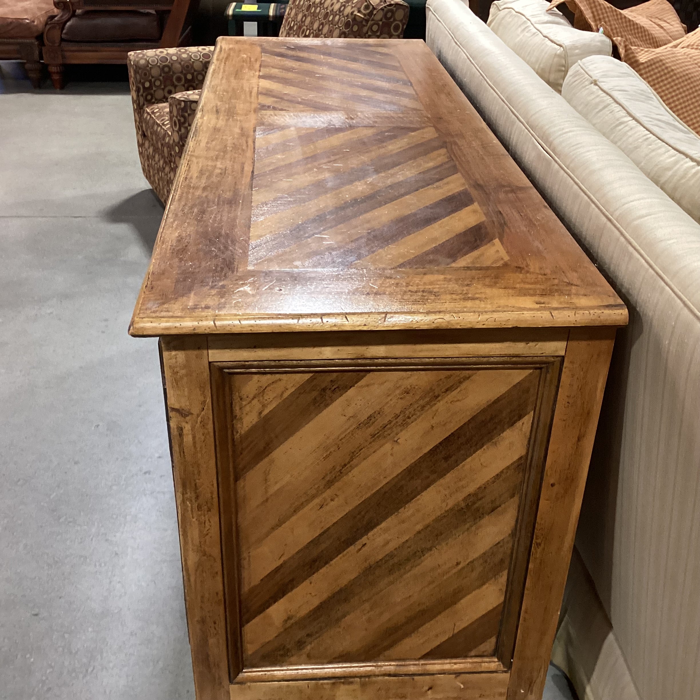 Distressed Finished Wood with Matched Chevron Detail 3 Door 4 Drawer & Shelves Sideboard 70"x 24"x 36"