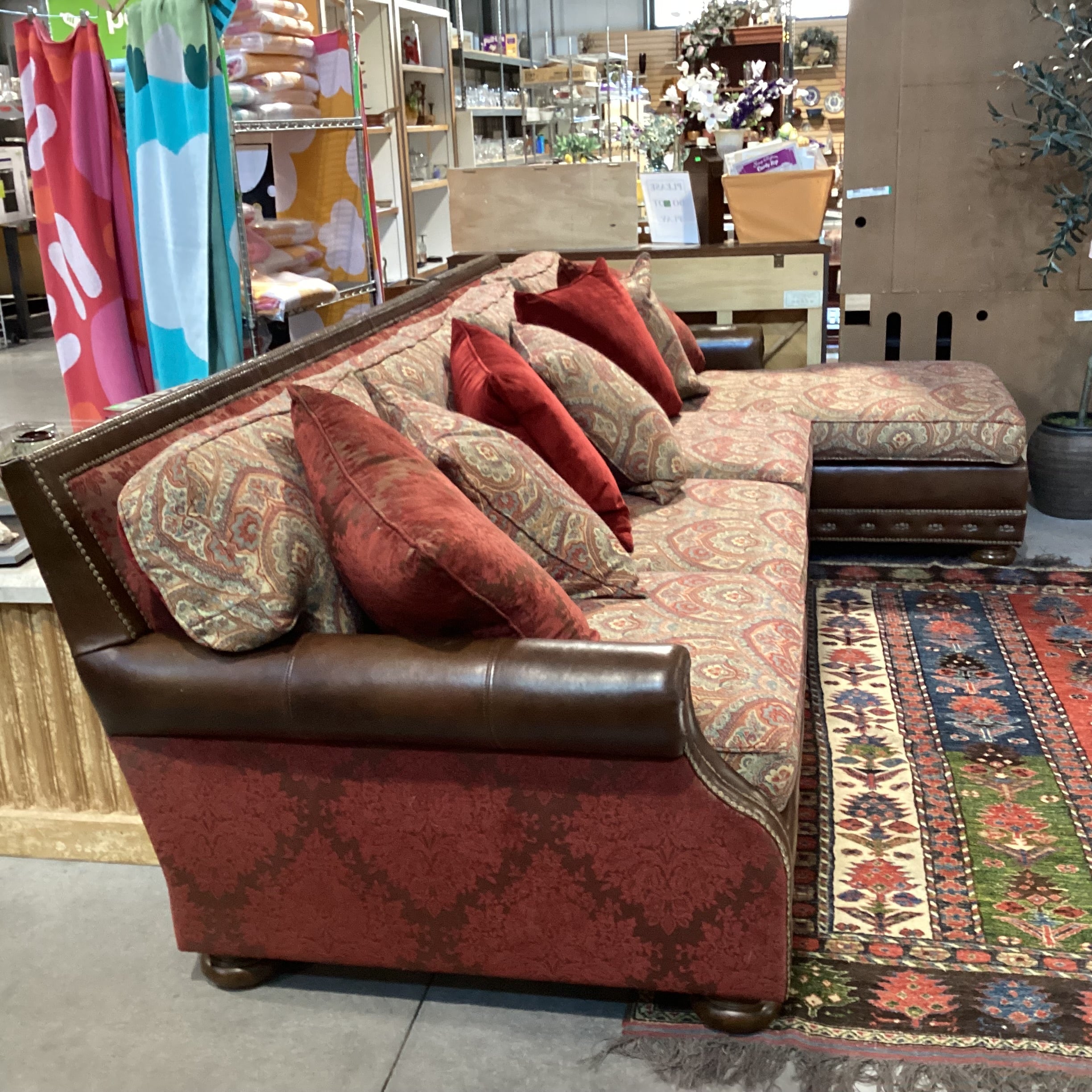 Massoud Luxery Western Leather Nailhead Ornate Floral & Reverse Velvet 2 Piece with Chaise Sectional 130"x 72"x 45"x 38"