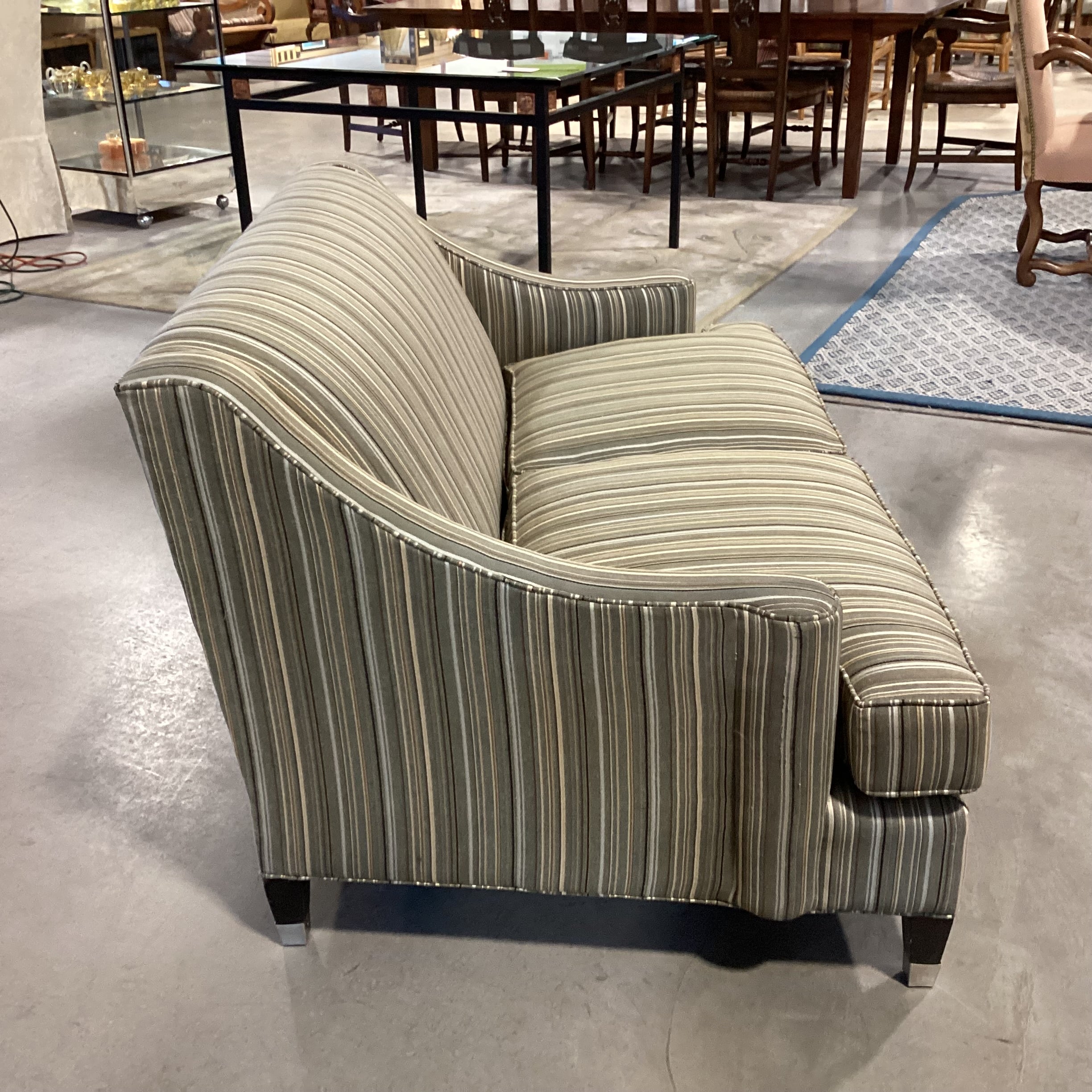 Room & Board Green Gold Brown Stripe with Slope Arm Loveseat Sofa 60"x 36"x 31"