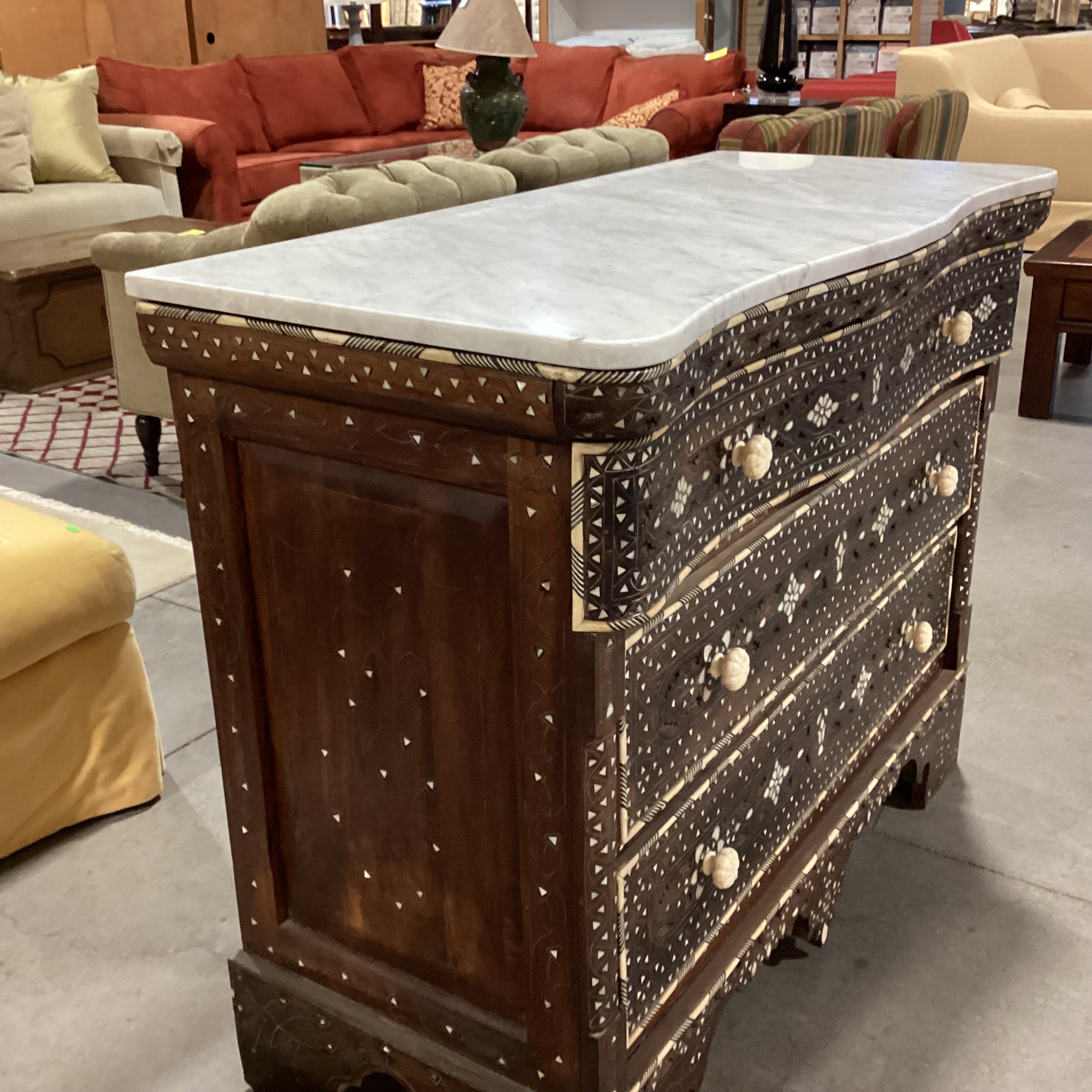 Damascus Carved Wood Mother of Pearl Inlay & Marble Top Wedding Chest 45.5"x 20.5"x 37"