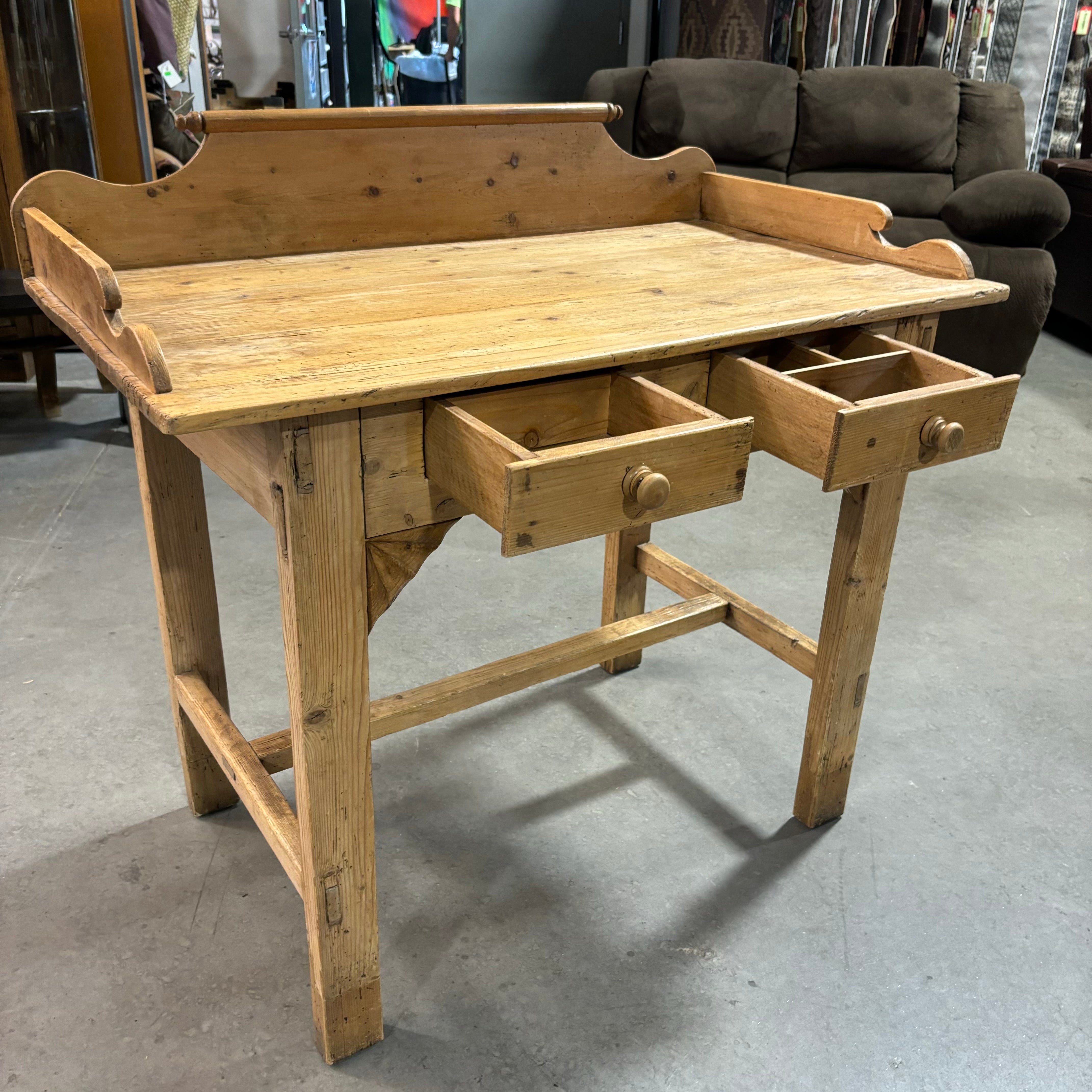 Antique Natural Pine 2 Drawer with Detailed Backsplash Desk 42"x 24"x 40"