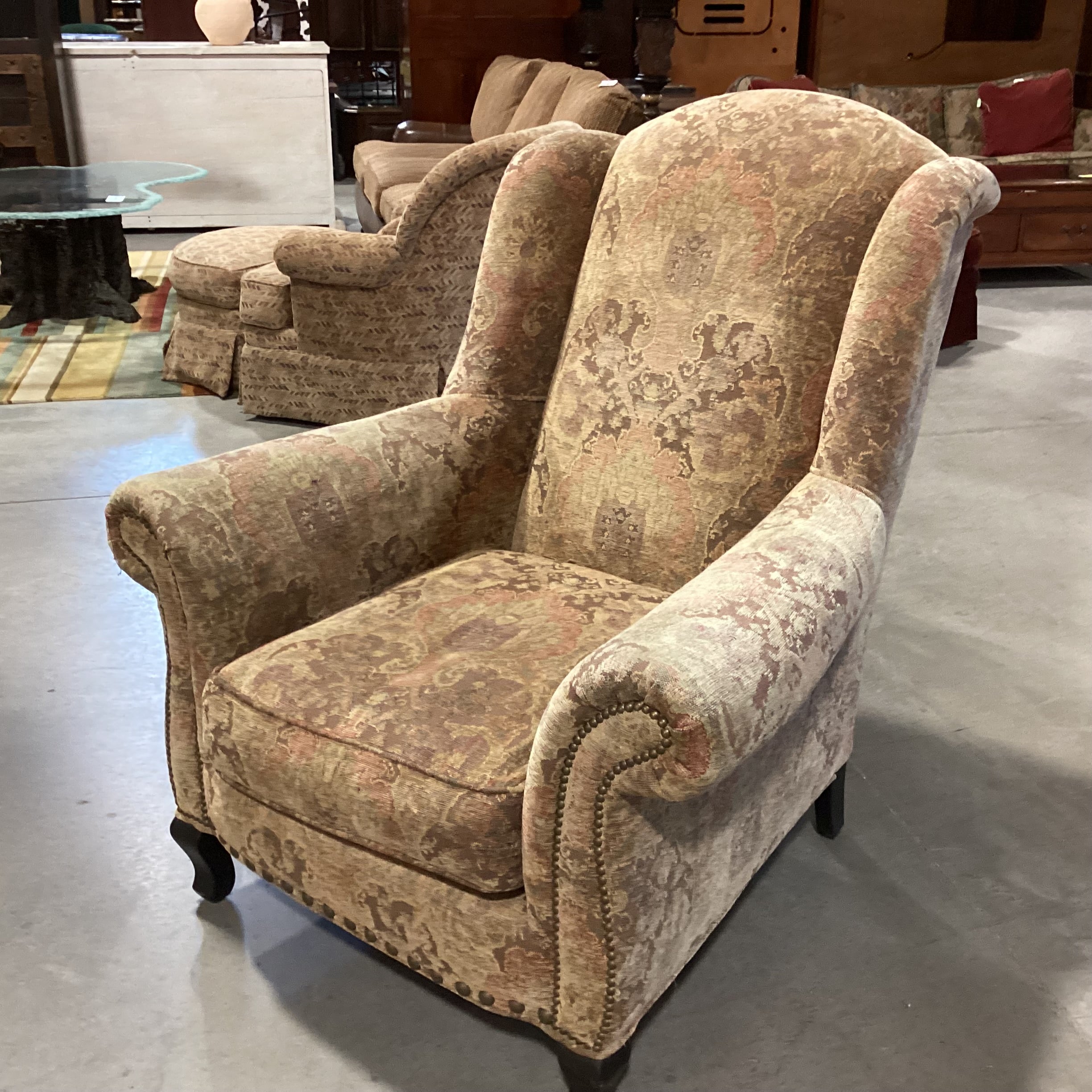 Arhaus Brown & Sage Chenille Woven with Nailhead Wing Chair 38"x 38"x 44"