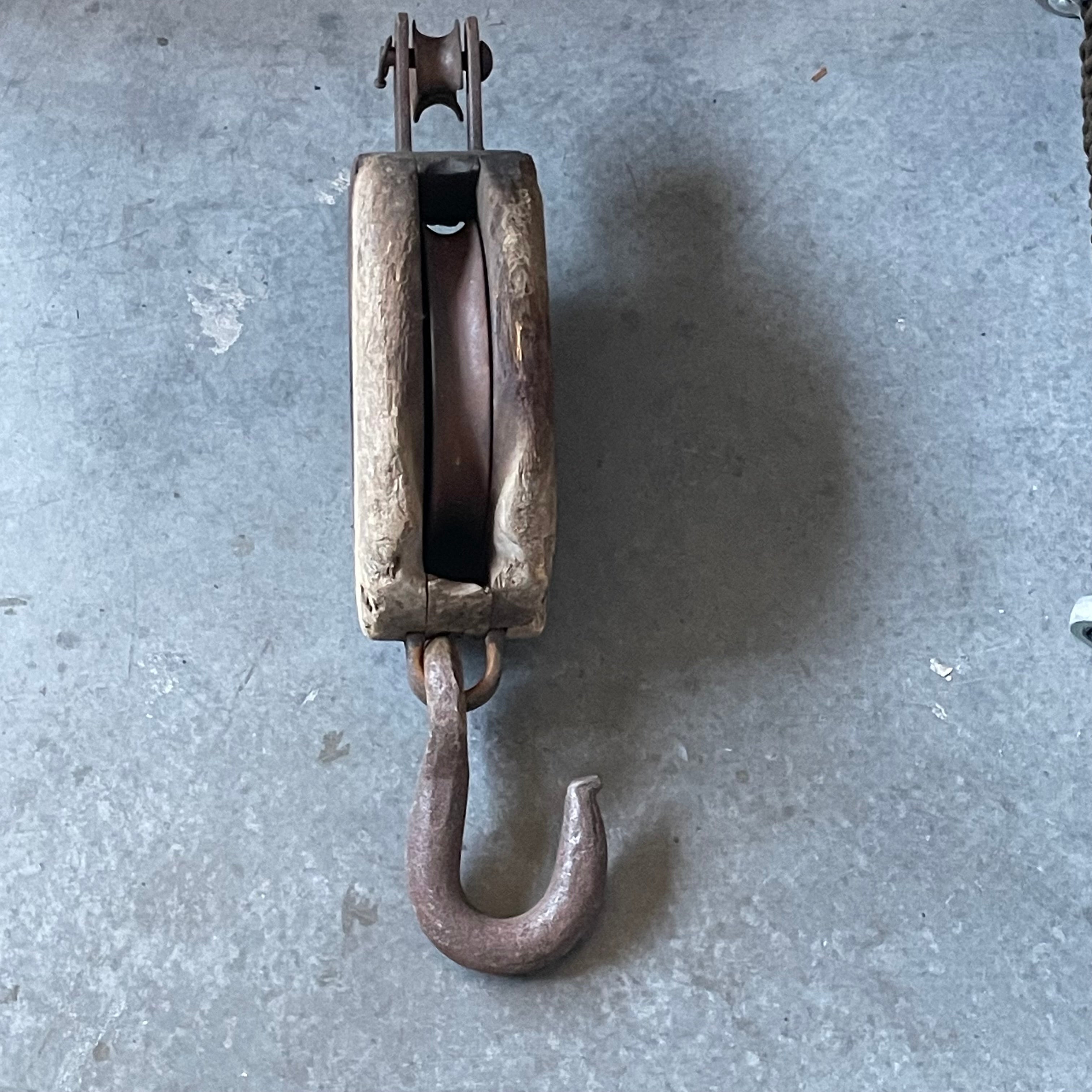 Antique Rustic Wood & Cast Iron Block Tackle Pulley, 9"x 6.5"x 23"