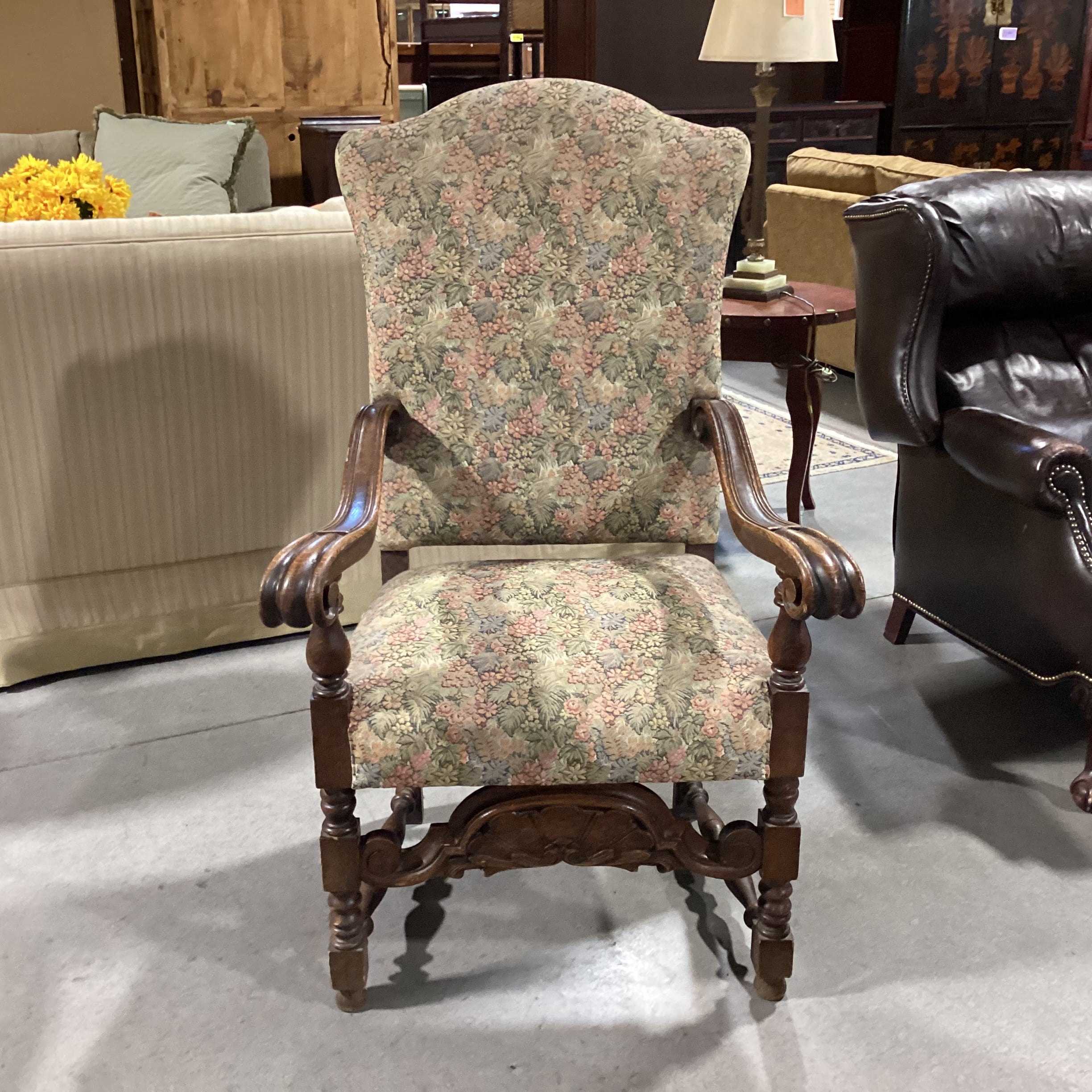 Antique Ornate Carved Oak & Sage Pink Floral Upholstered Chair 30"x 28"x 49"