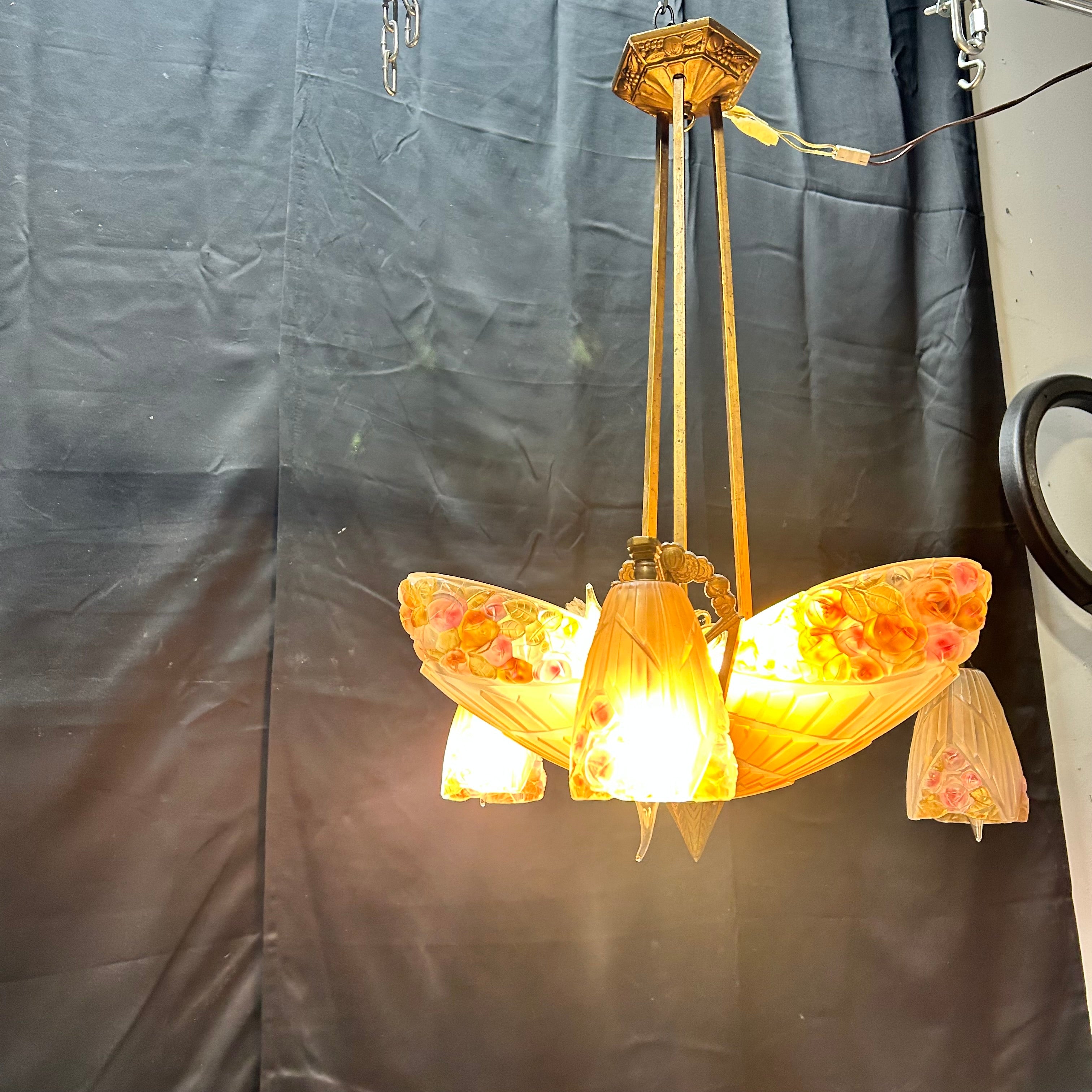 1930 Art Deco Brass & Flowered Glass 6 Light Pendant 22"x 31"