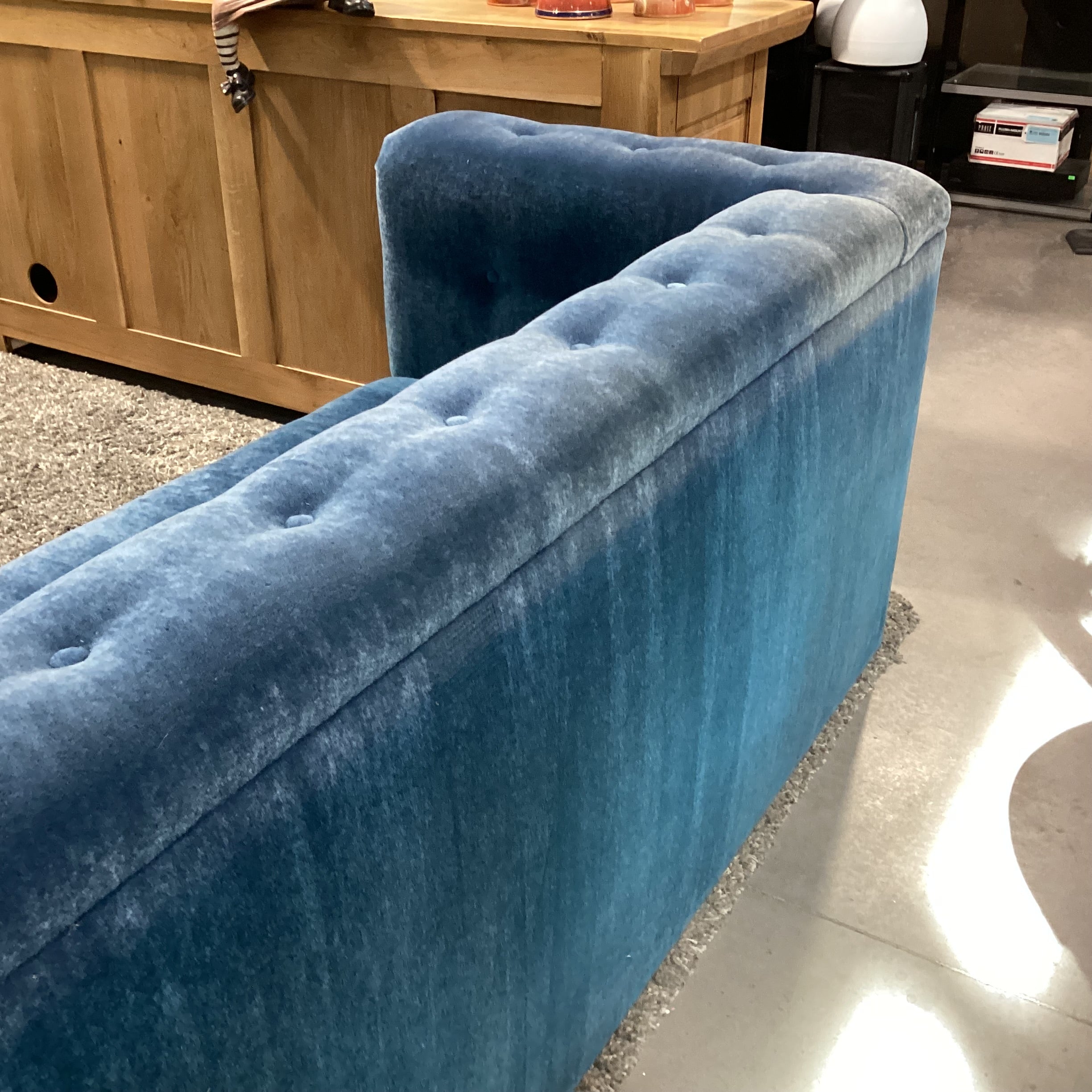 Custom Blue Teal Mohair with Button Tufting 2 Piece Angled Sectional 142"x 35"x 32"