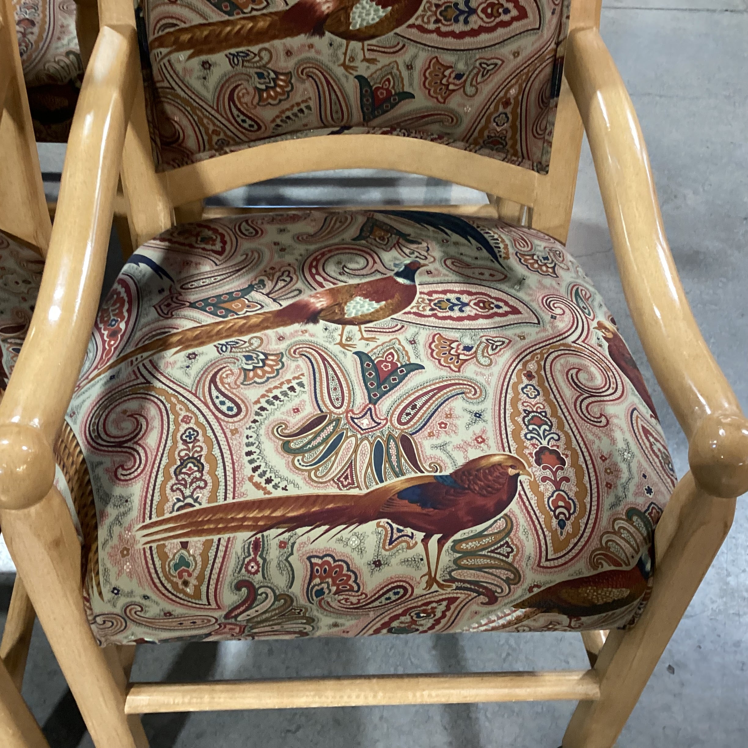 SET of 4 Beverly Interiors Custom Carved Wood & Rust Teal Pheasant Upholstered Armed Dining Chairs 24"x 25"x 39"