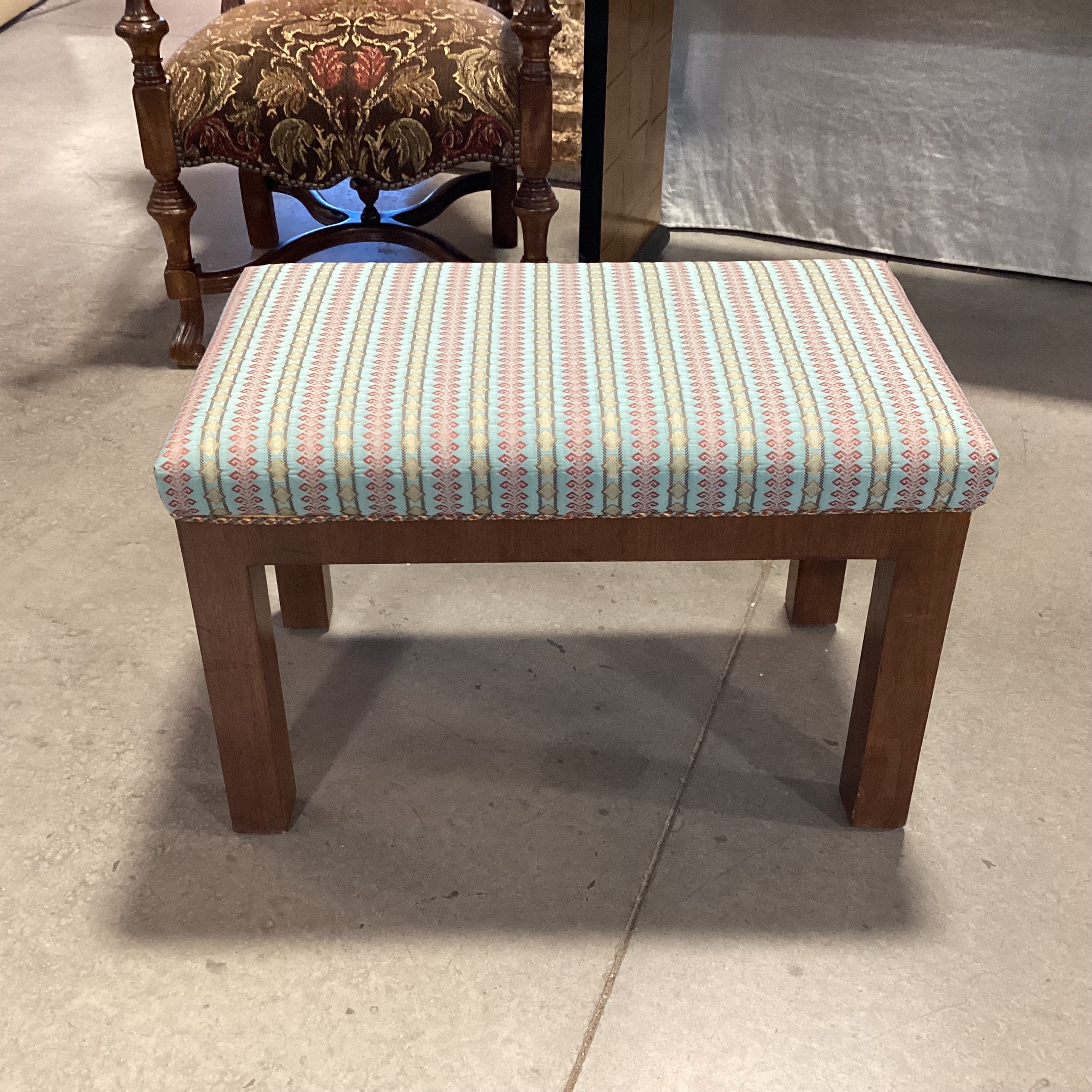 Blue Red & Gold Ribbon Style Fabric & Wood Bench 29.5"x 17.5"x 19.5"