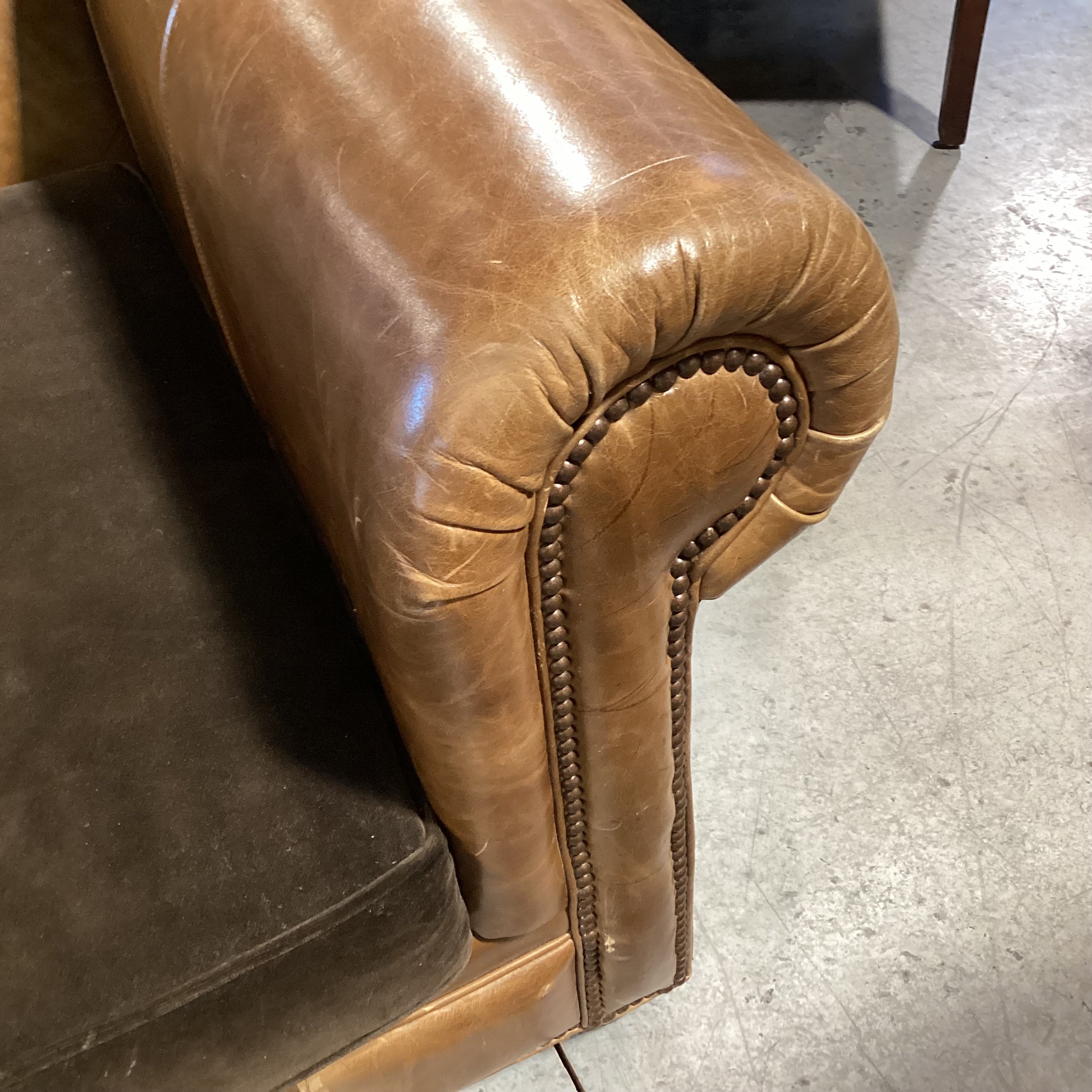 Leather Nail Head Roll Arm & Back with Brown Velvet Seat Cushions Sofa 94"x 46"x 30"
