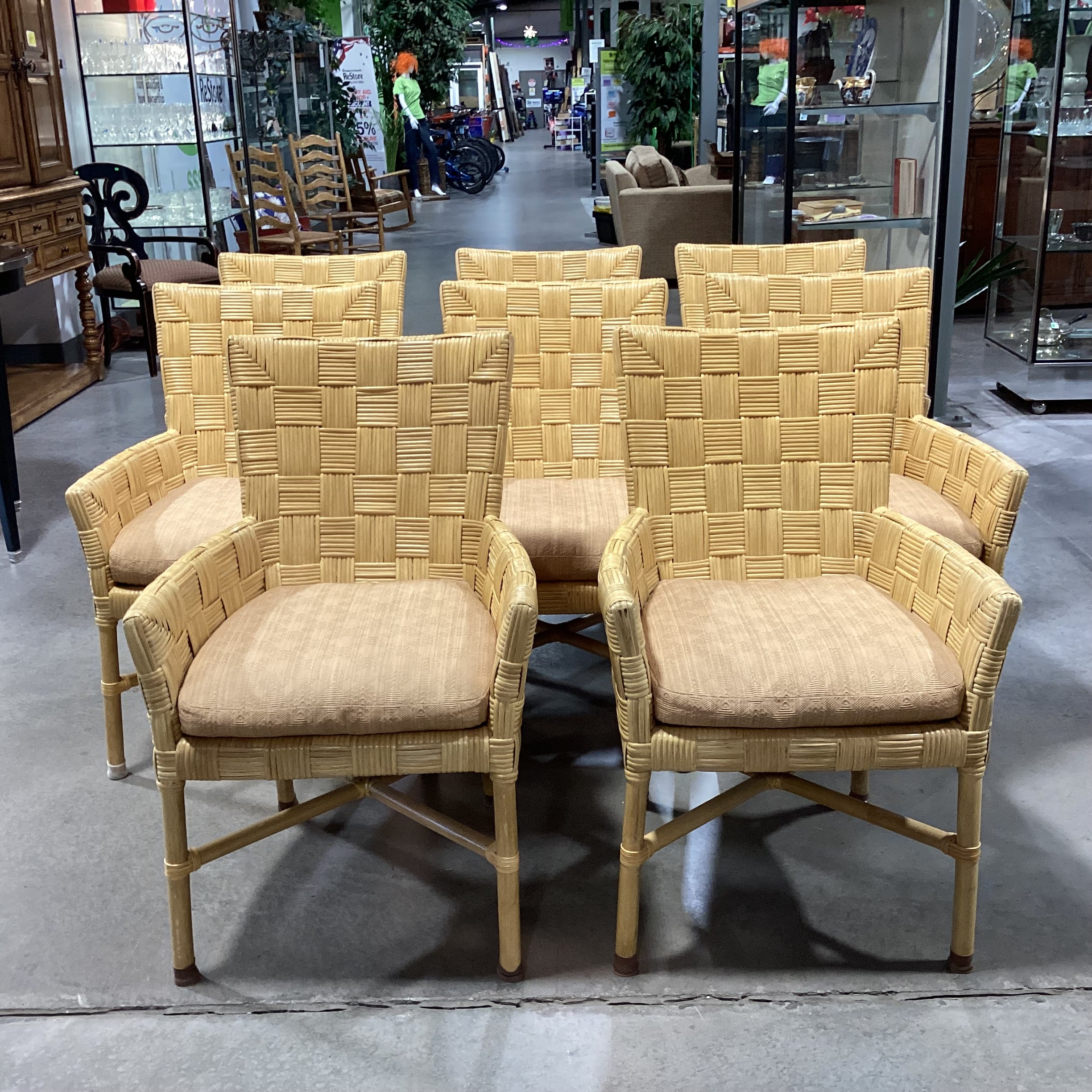 SET of 8 McGuire Style Square Basket Weave Rattan & Leather Strapping with Cushion Dining Chairs 24"x 26"x 36"