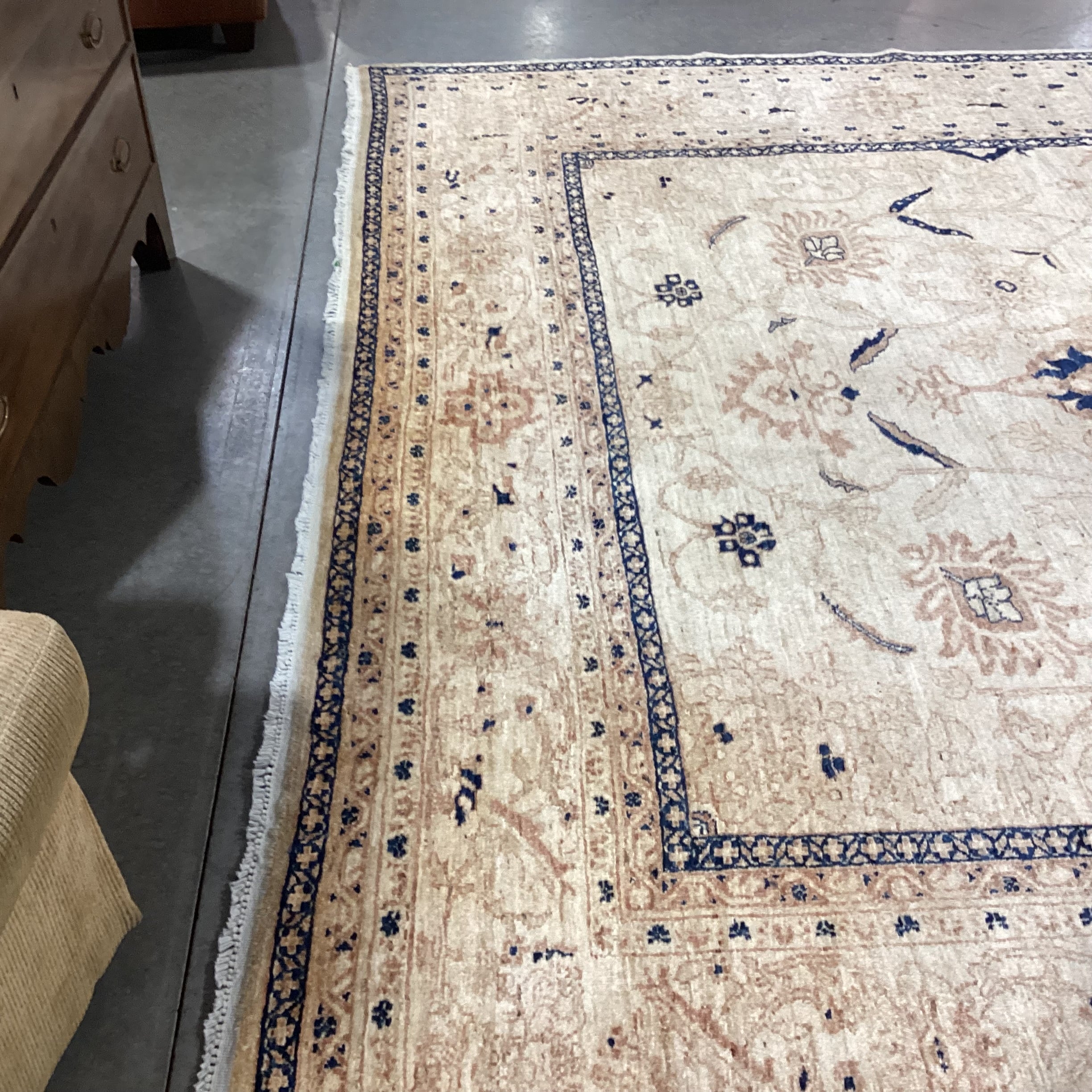 Cream Tan Blue Hand Woven Wool Rug 10' x 12" 9"