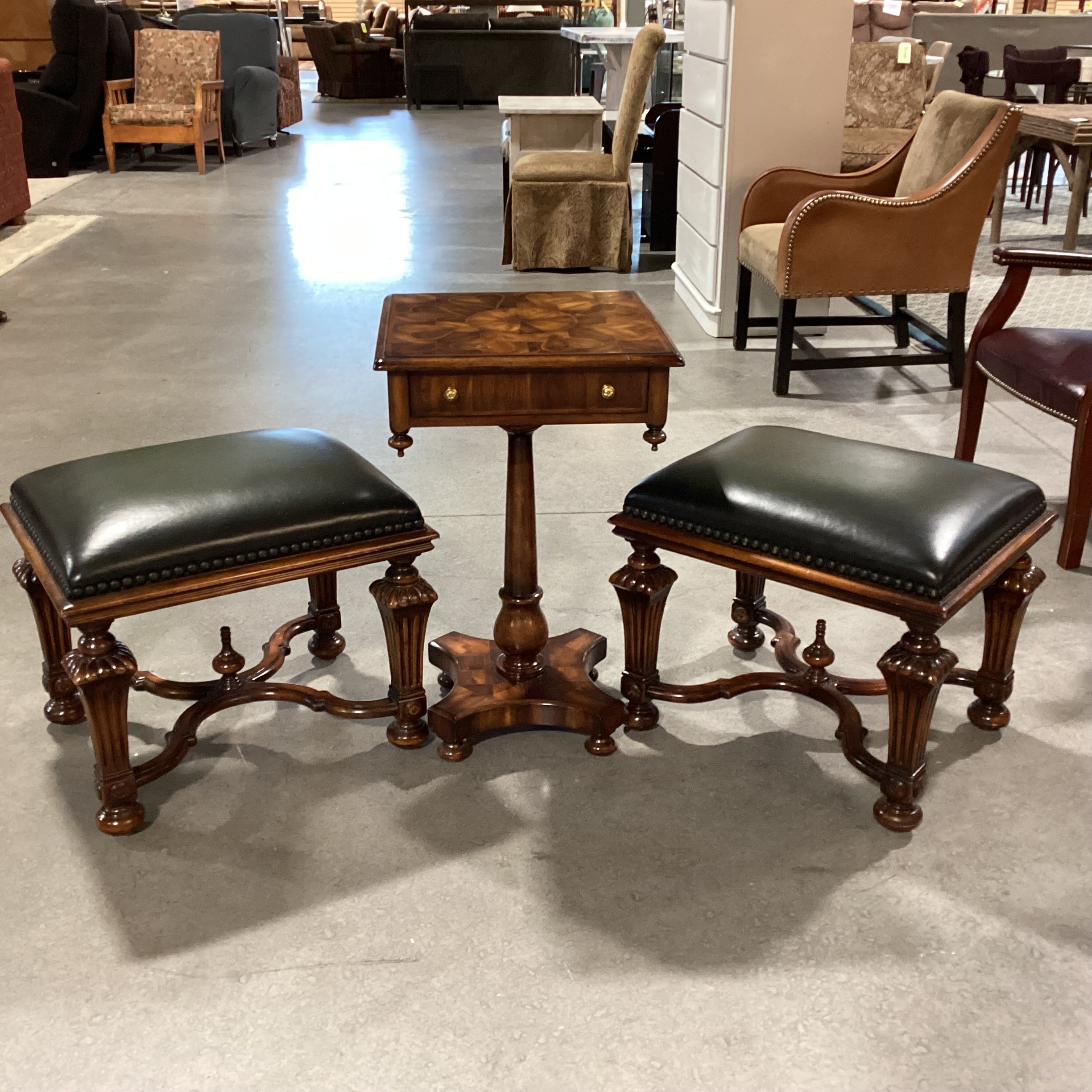 Set of 3 Theodore Alexander Carved Wood Inlay Heart Table & 2 Stool Ottomans Accent Table Set