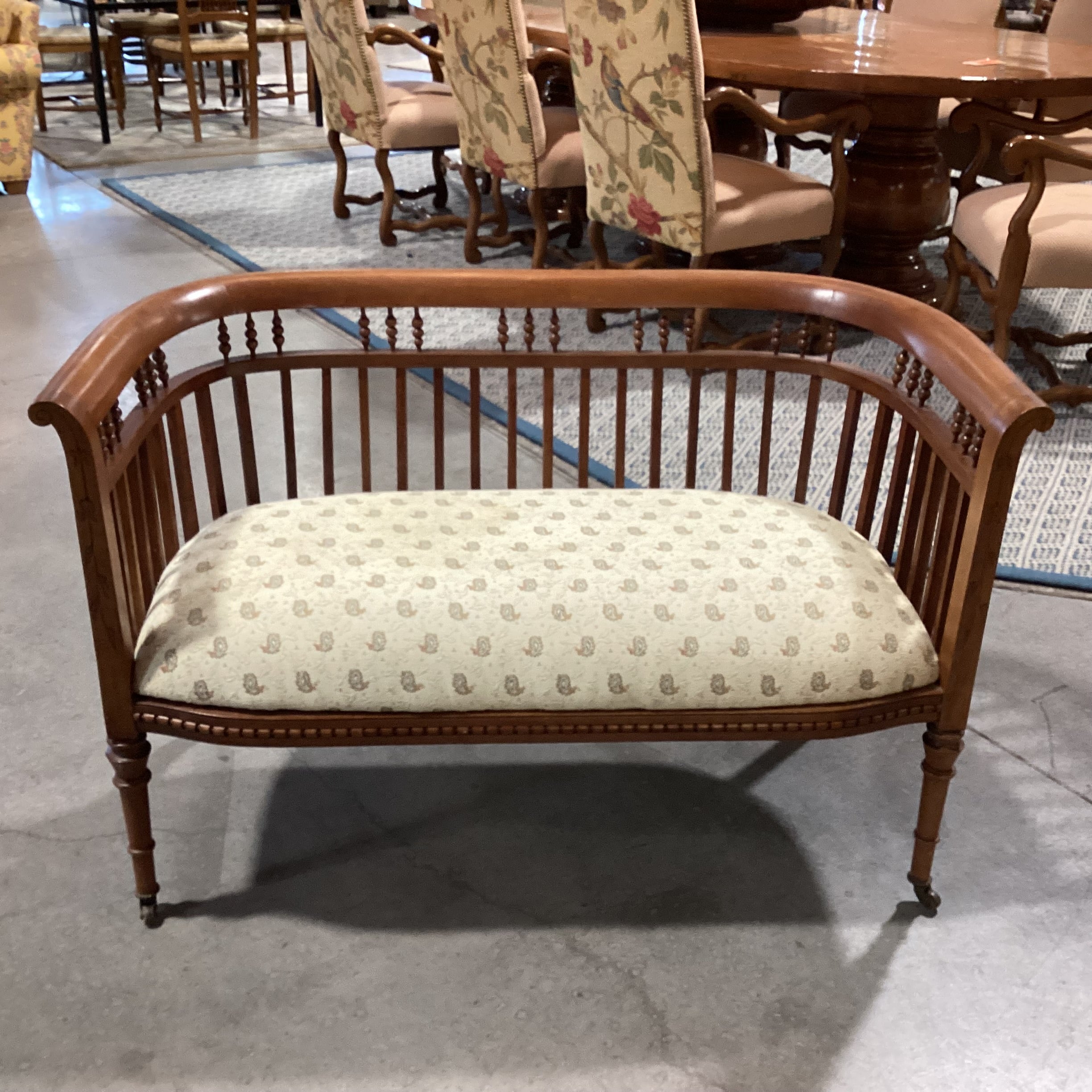 Antique Carved Wood Detail with Spindle Curved Back & Paisley Seat on Casters Bench 45"x 25"x 29"