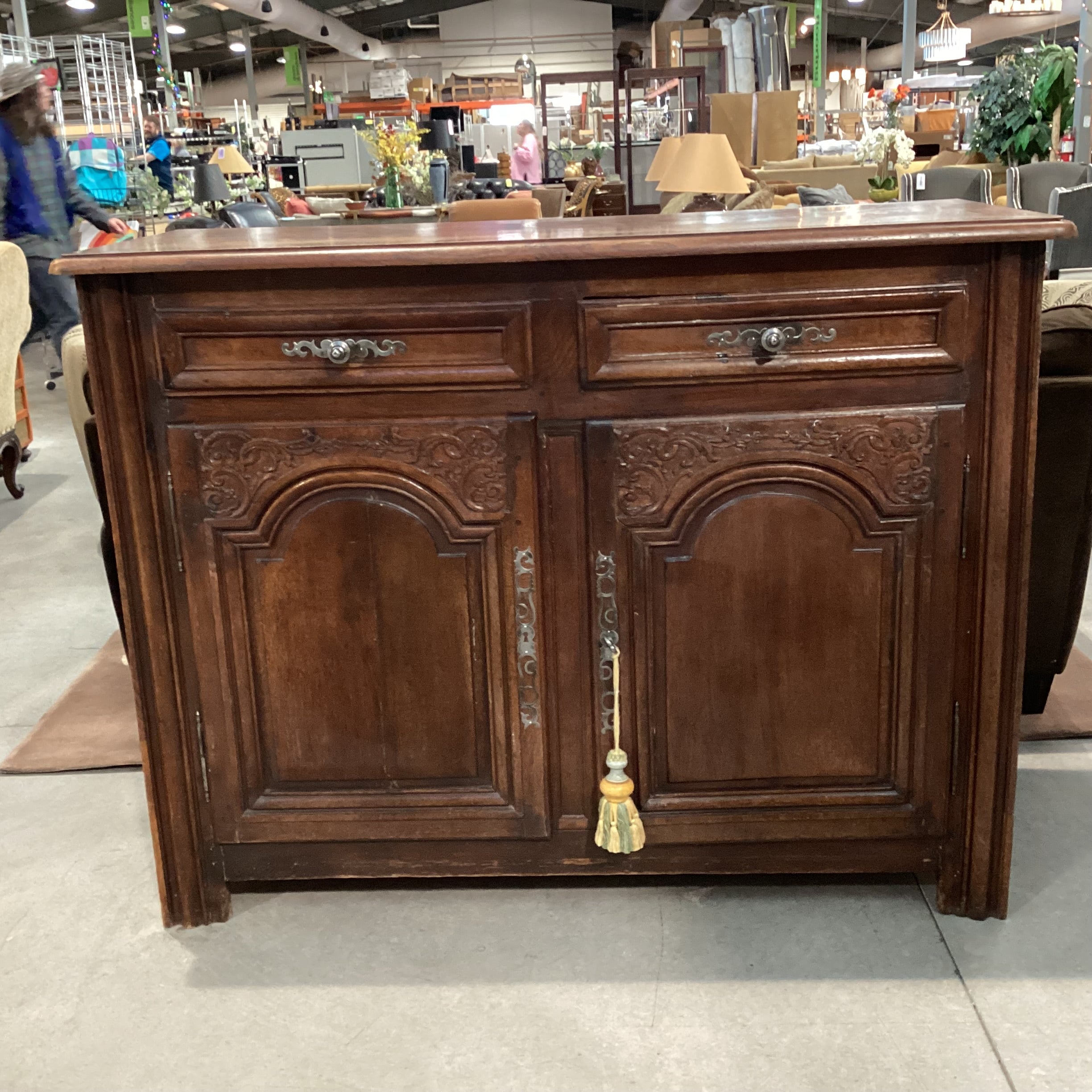 Antique Carved Wood 2 Drawer 2 Door with Shelves Sideboard 58.5"x 24"x 45"