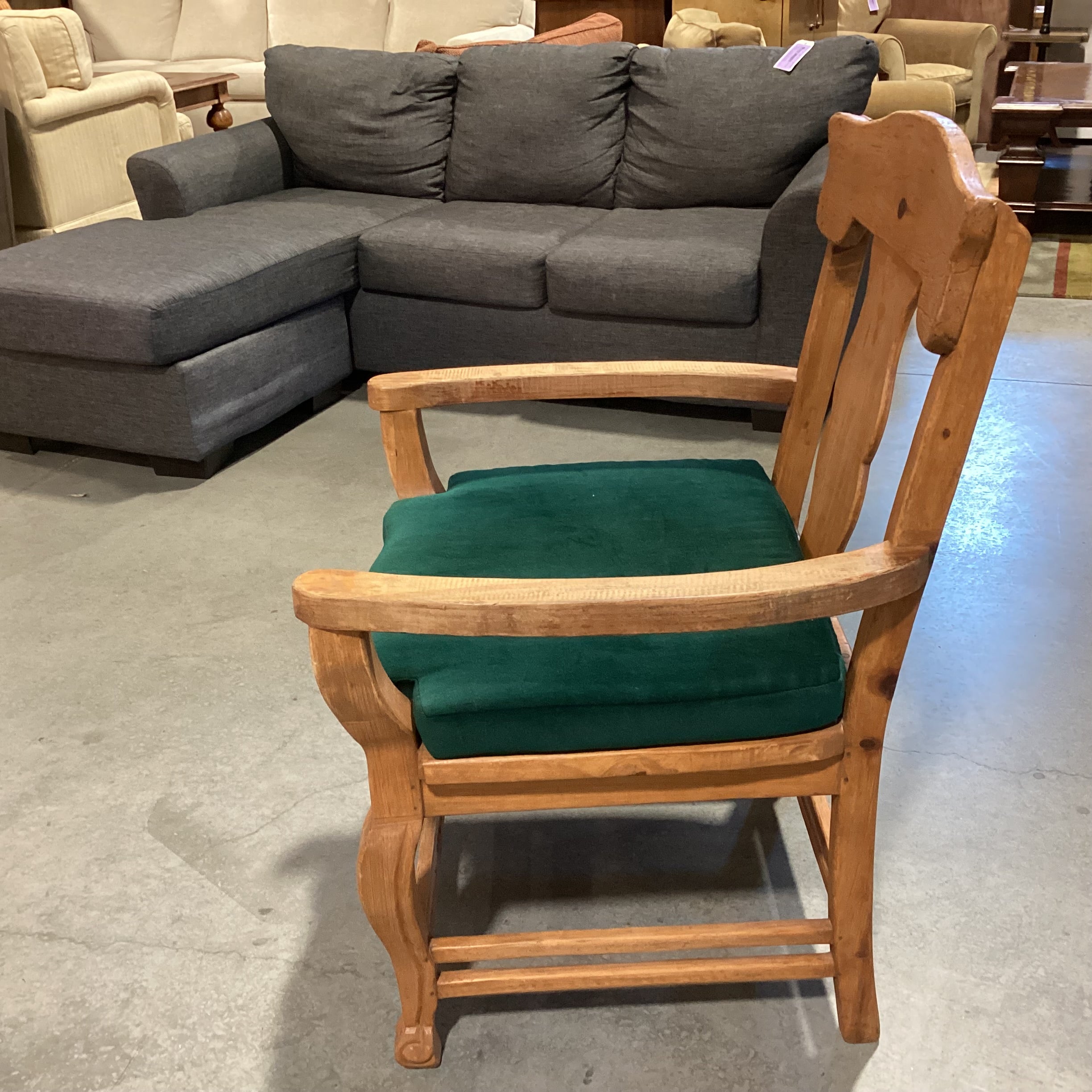 Vintage Natural Carved Wood with Green Cushion Chair 30"x 27"x 41"