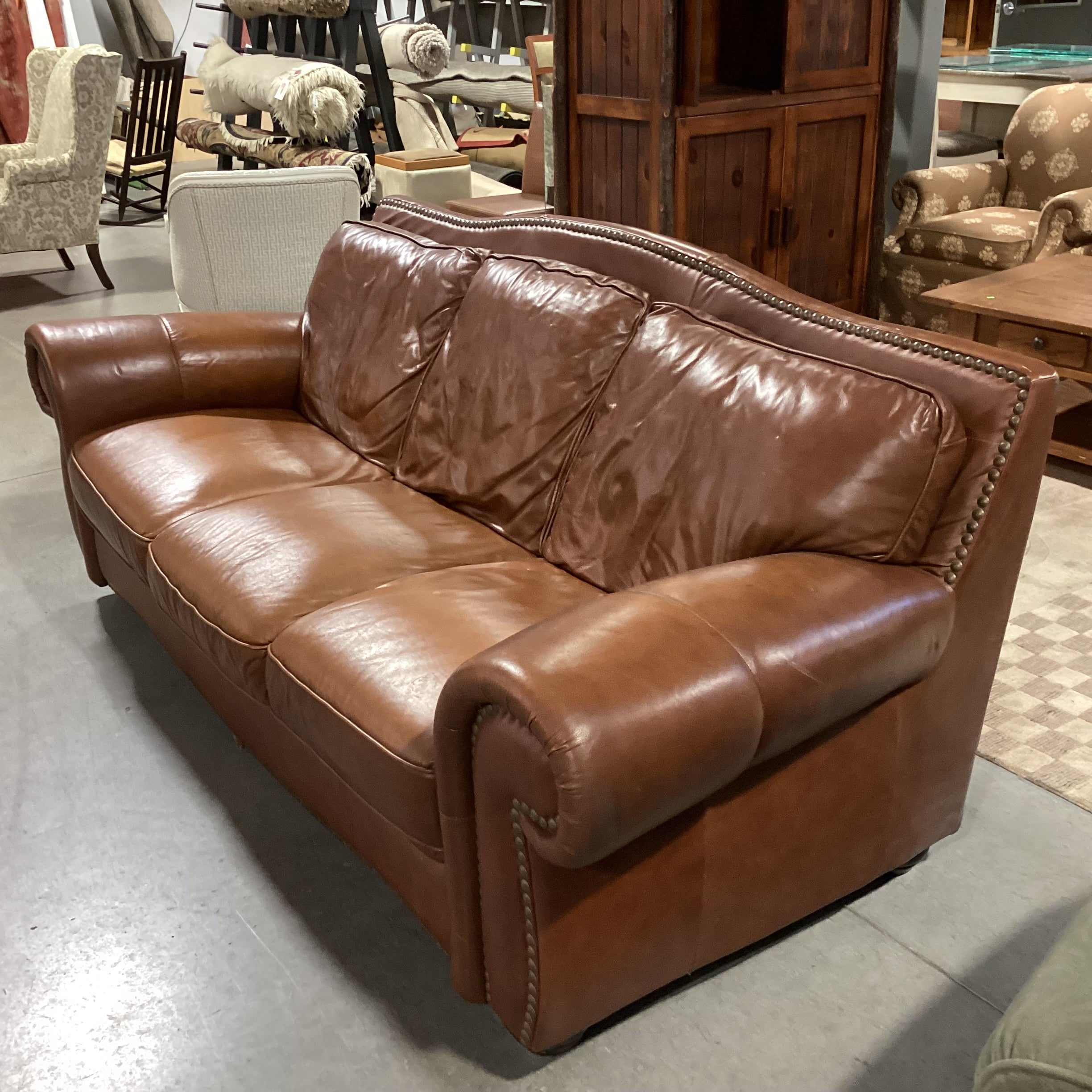 Brown Leather Nailhead Sofa 92"x 39"x 37"