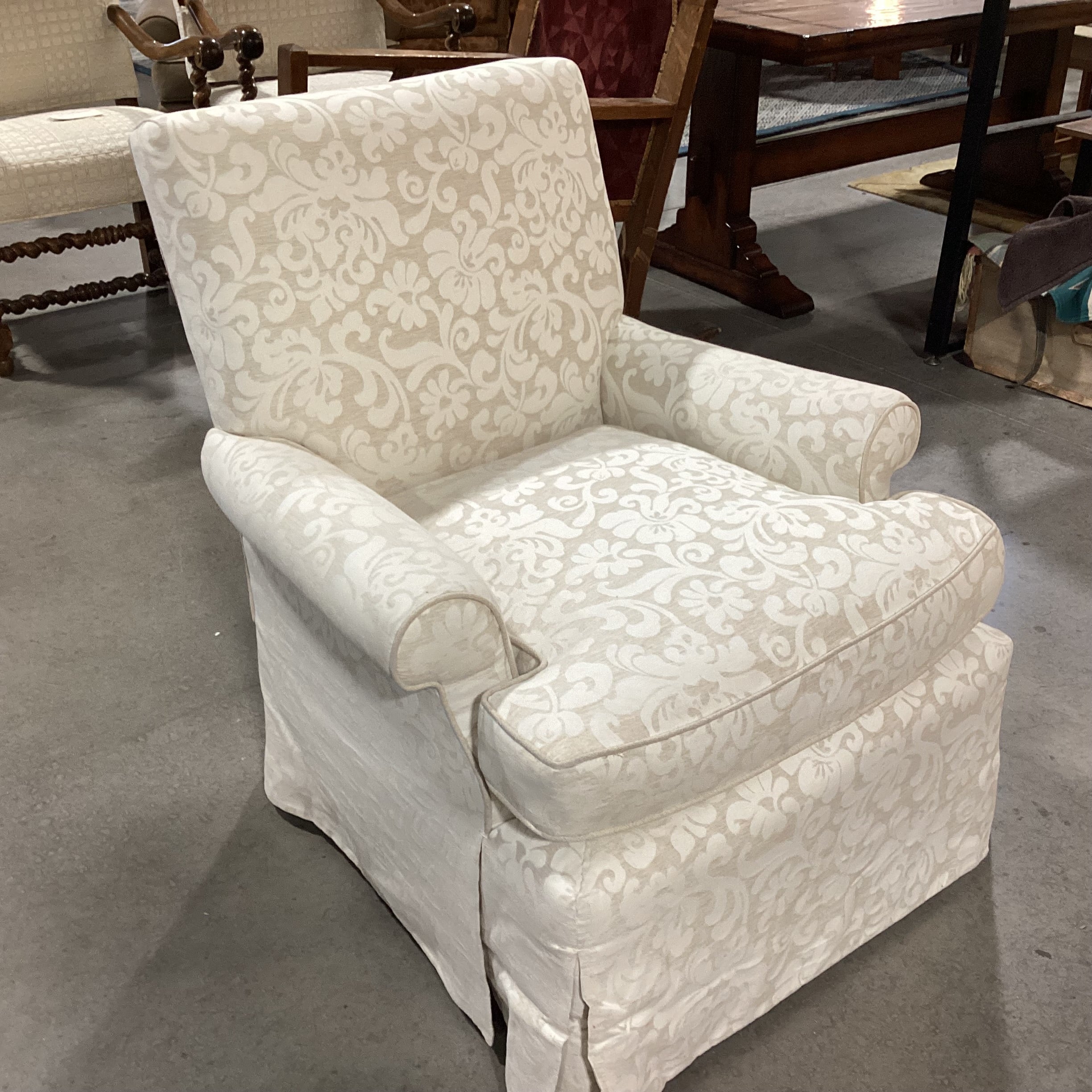 Custom Ivory Cream Linen Raised Scroll Floral Chair 32"x 34"x 35"