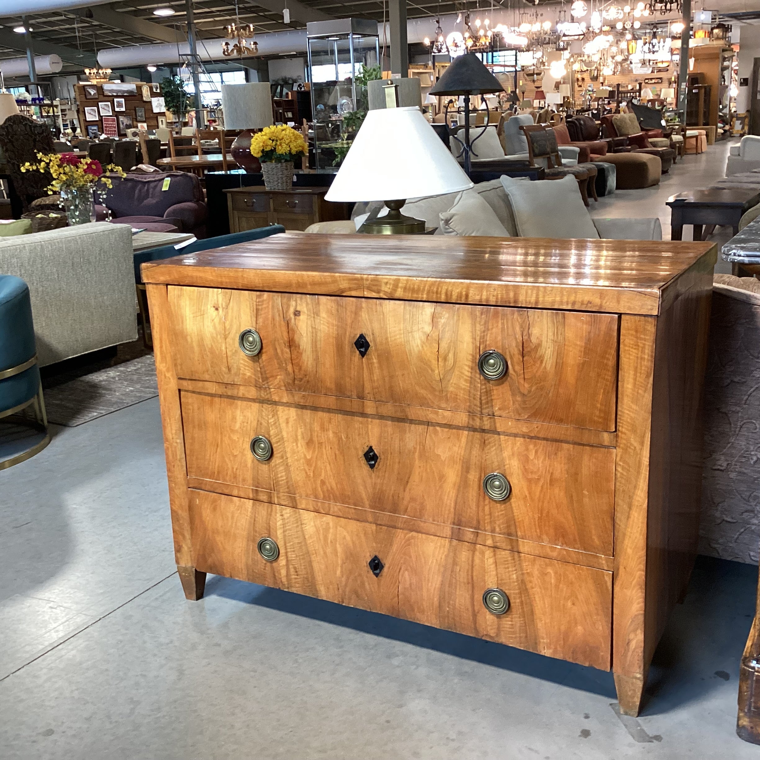 Antique Wood & Veneer 3 Drawer Keyhole Accent Chest 48.5"x 23"x 35.5"