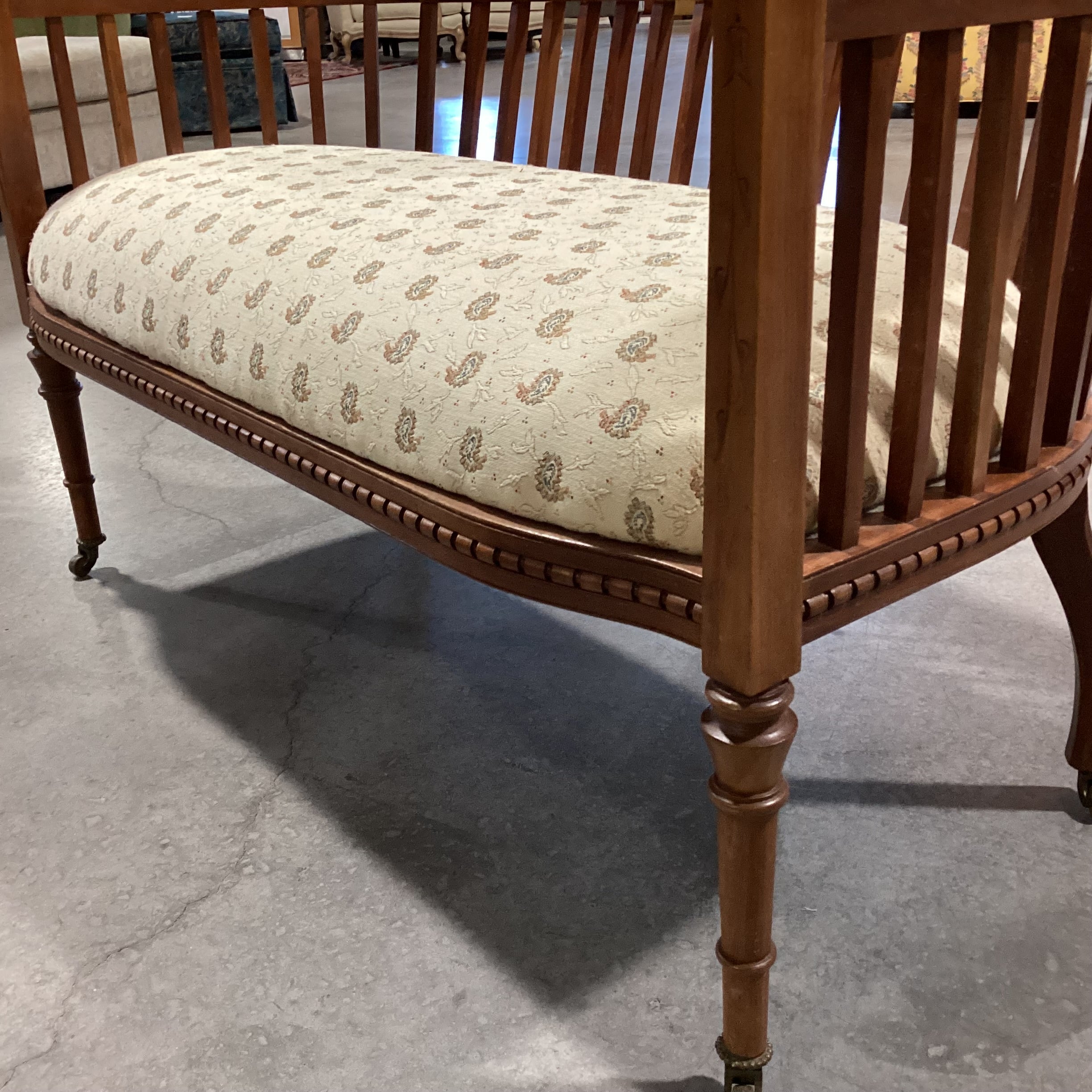 Antique Carved Wood Detail with Spindle Curved Back & Paisley Seat on Casters Bench 45"x 25"x 29"