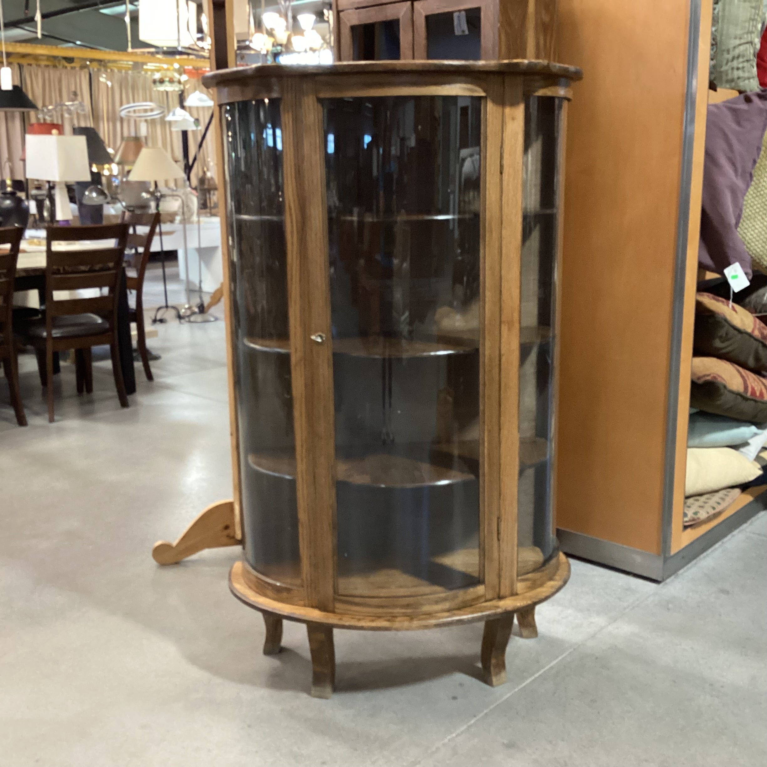 Antique Oak & Glass Curved Front with Shelves & 1 Door Display Hutch 35"x 16"x 58"