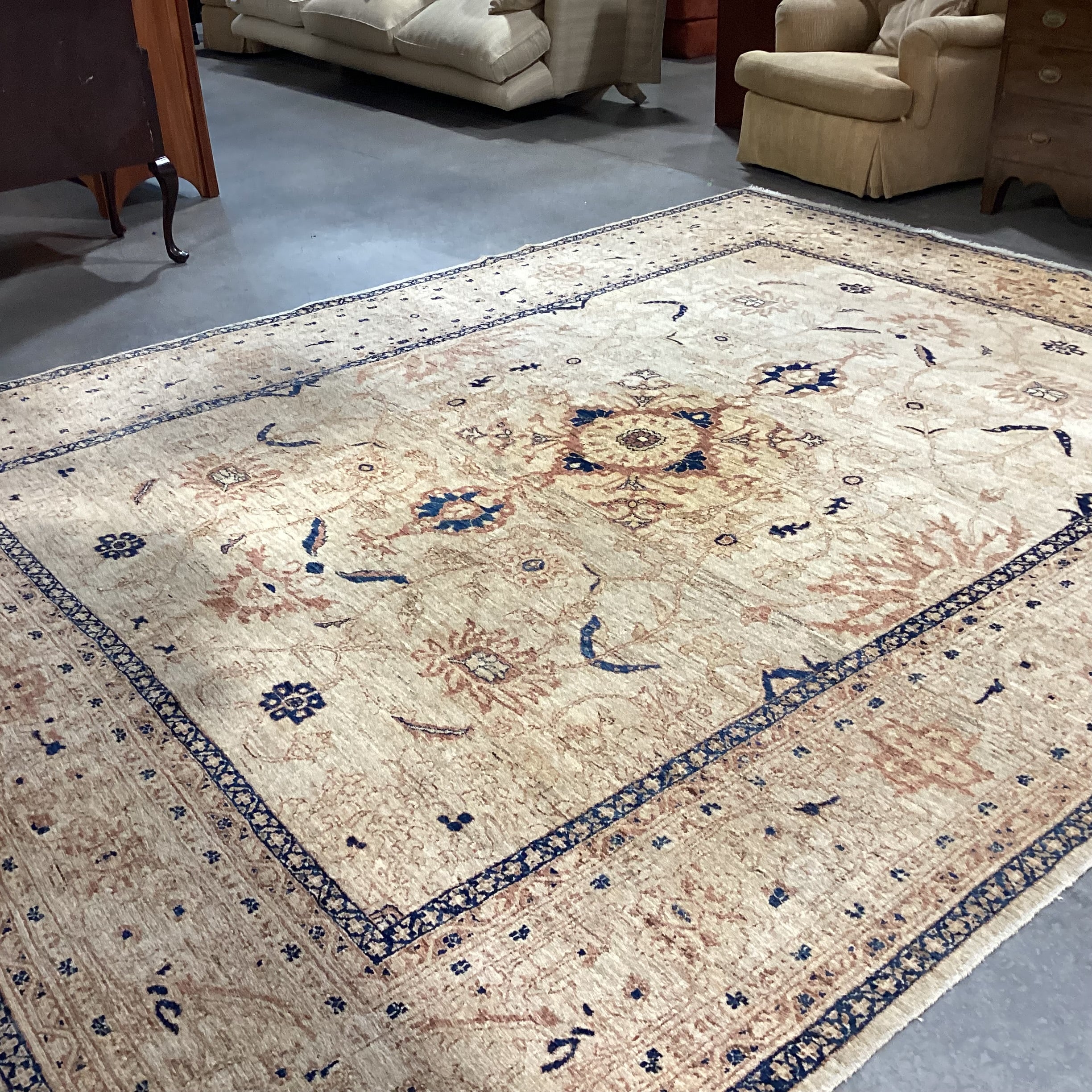 Cream Tan Blue Hand Woven Wool Rug 10' x 12" 9"