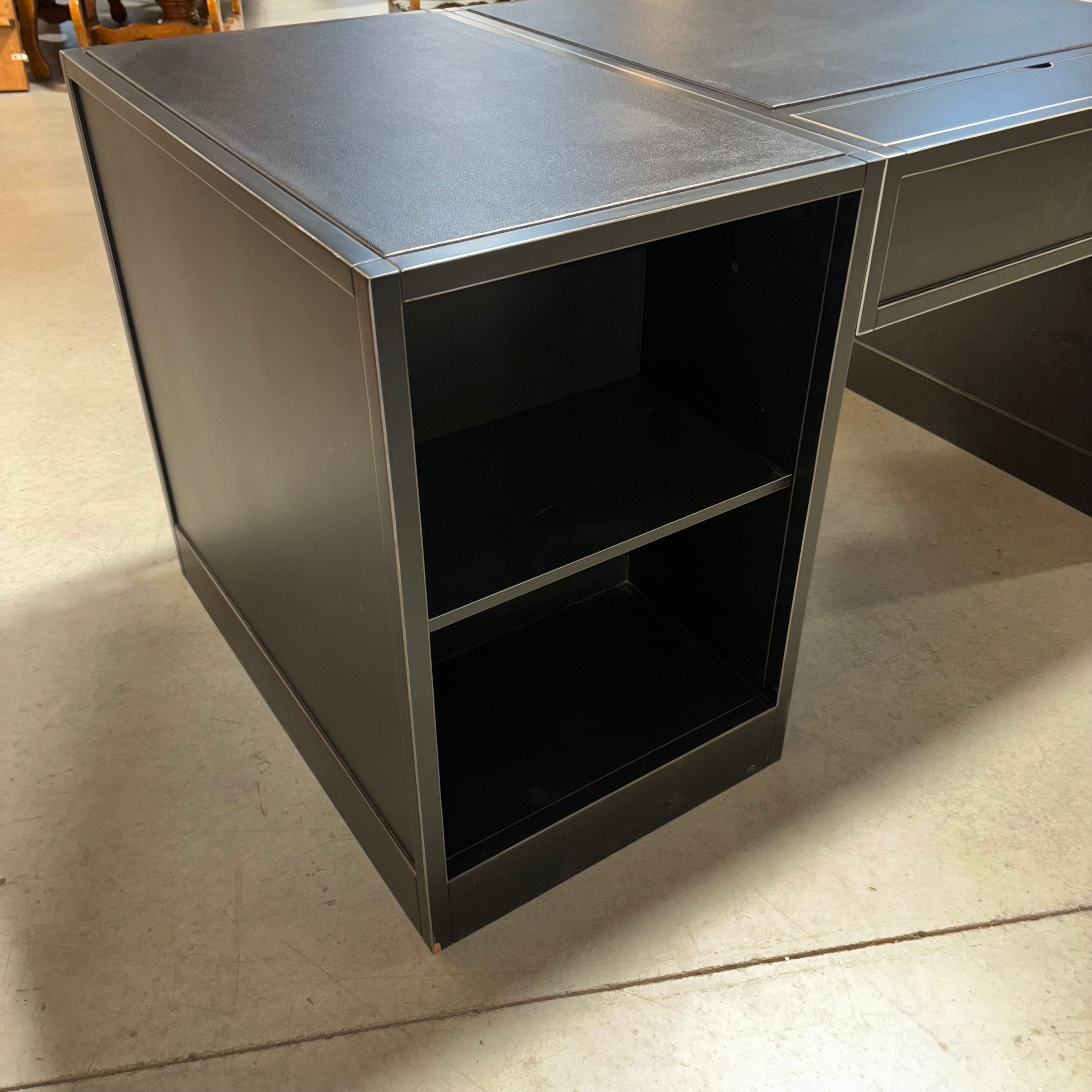 Arhaus Usine Black Finish Wood with Leather Top 6 Soft Close Drawers & Center Pullout Executive Desk 72"x 34"x 30"