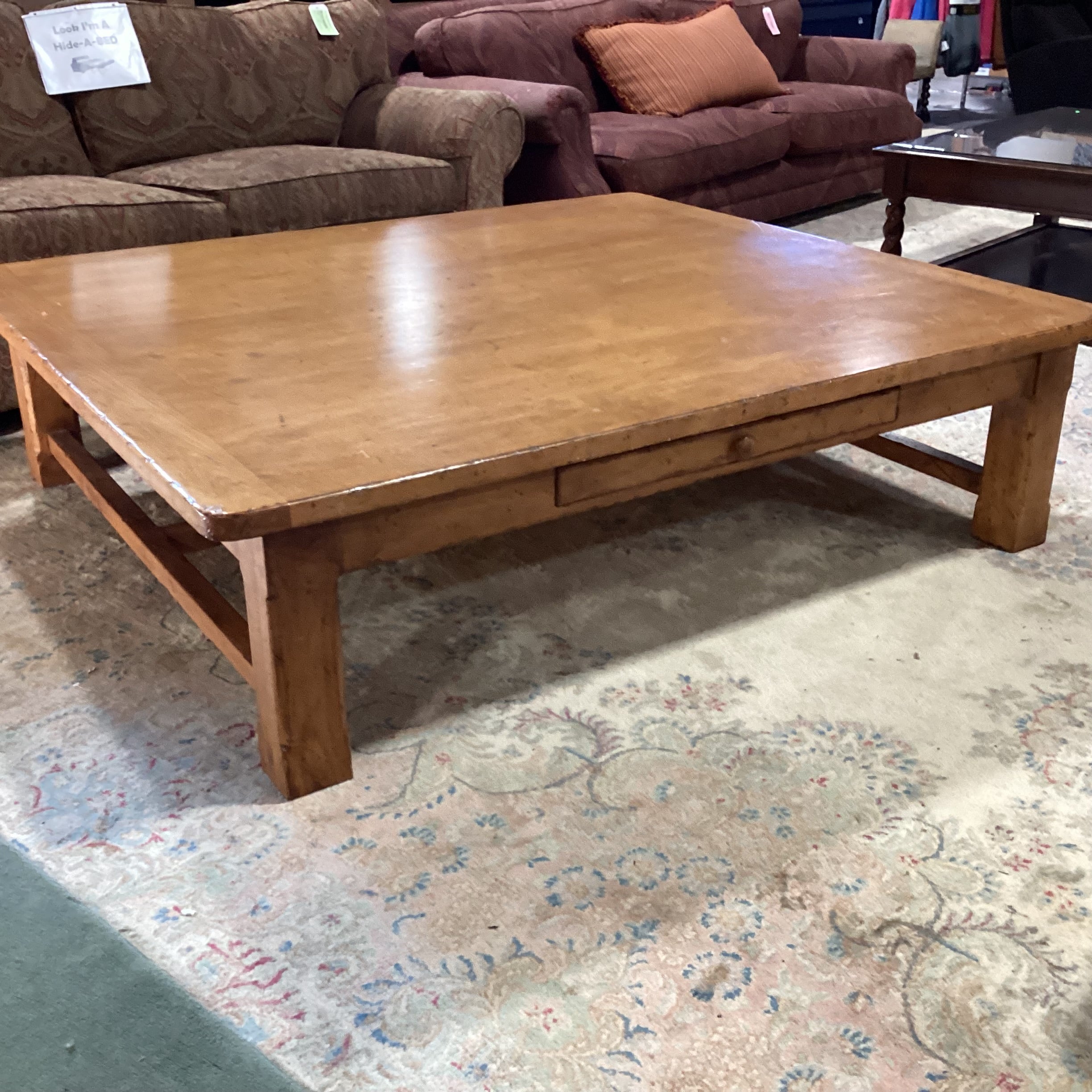 Troy Wesnidge Custom Furniture Solid Distressed Finish Wood 1 Drawer Coffee Table 68"x 60"x 18'