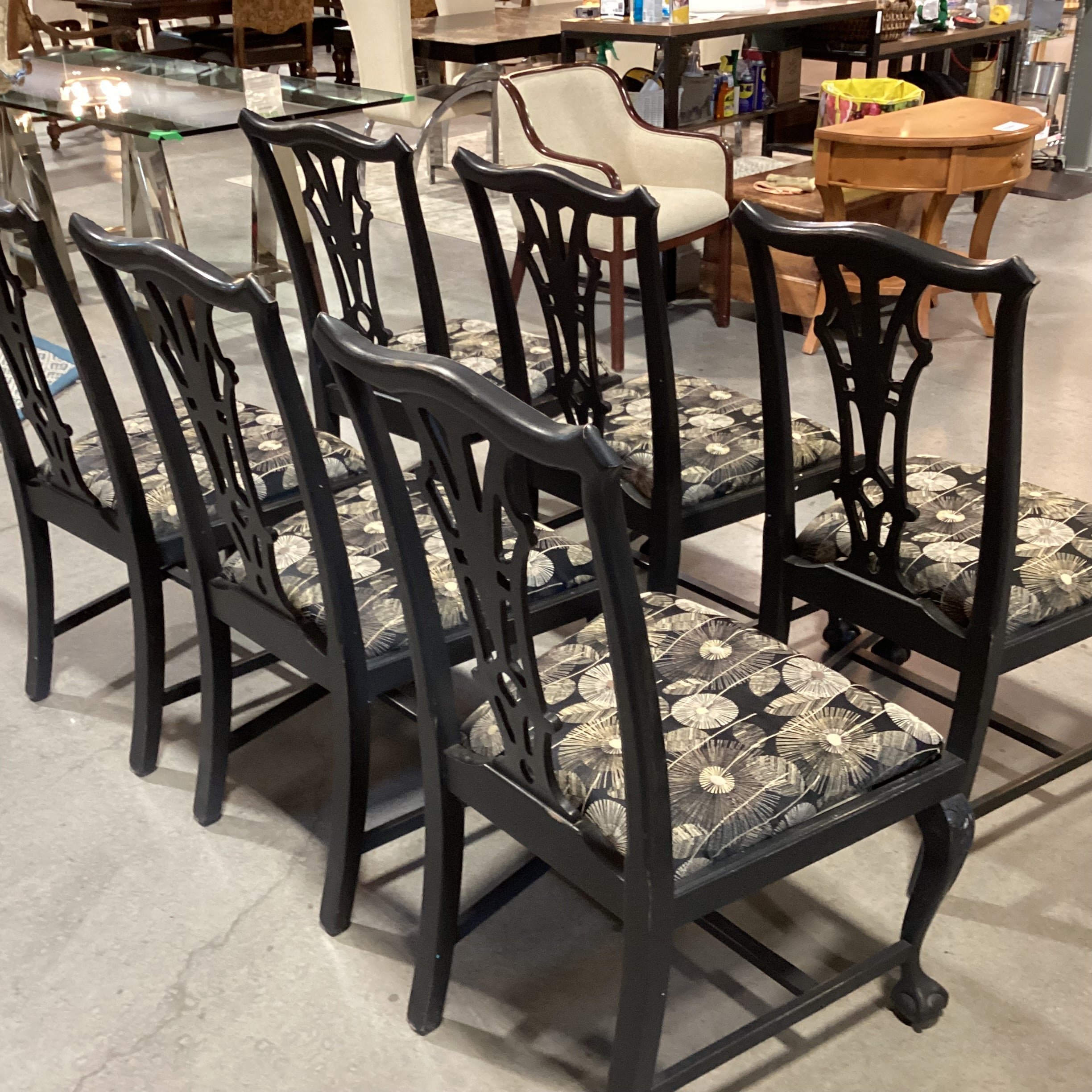 SET of 6 Ornate Carved Black Claw & Ball Wood Black Tan White Dandelion Dining Chairs 23"x 22"x 40"