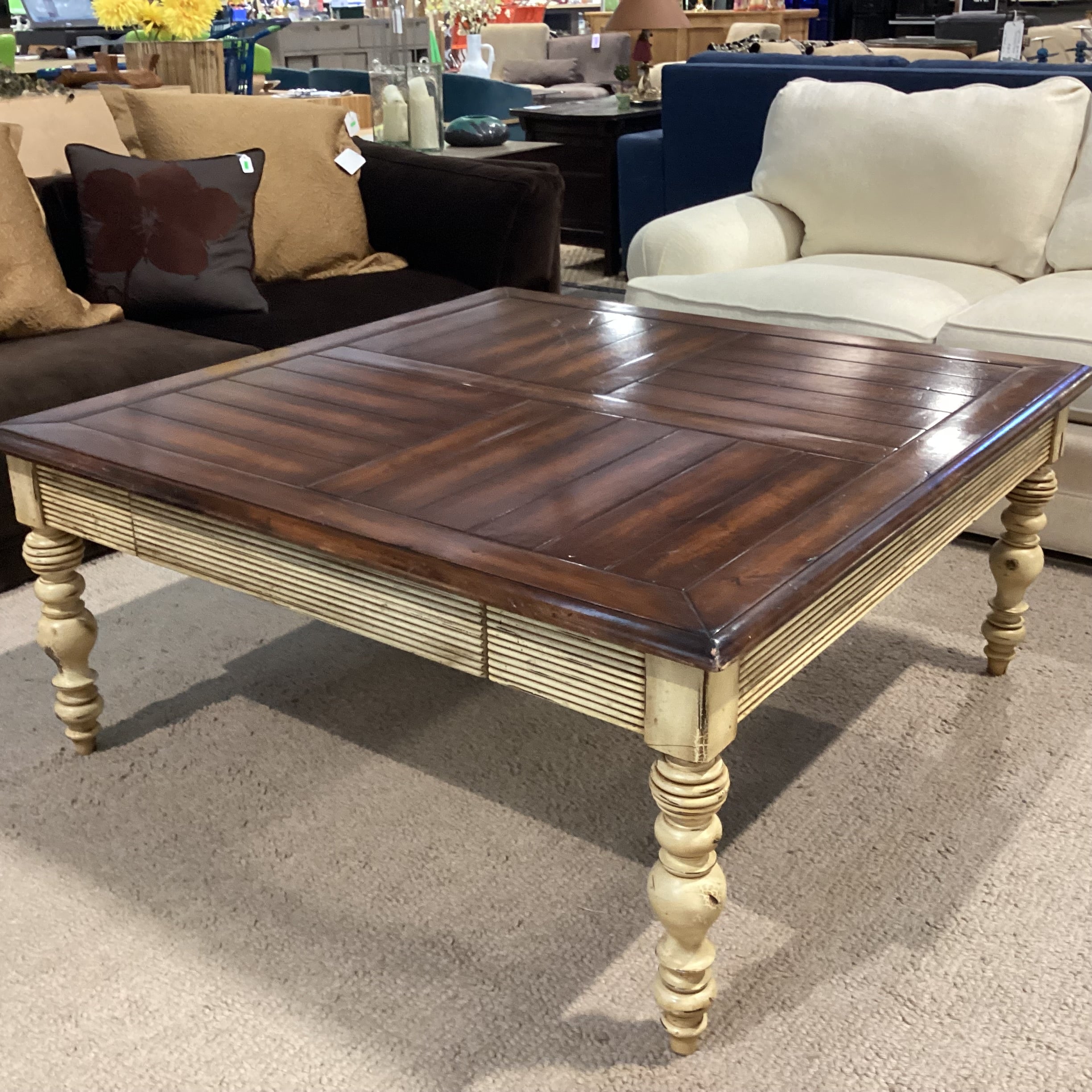 Antiqued Cream & Dark Finished Carved Wood 2 Drawer Coffee Table 48"x 48"x 21"