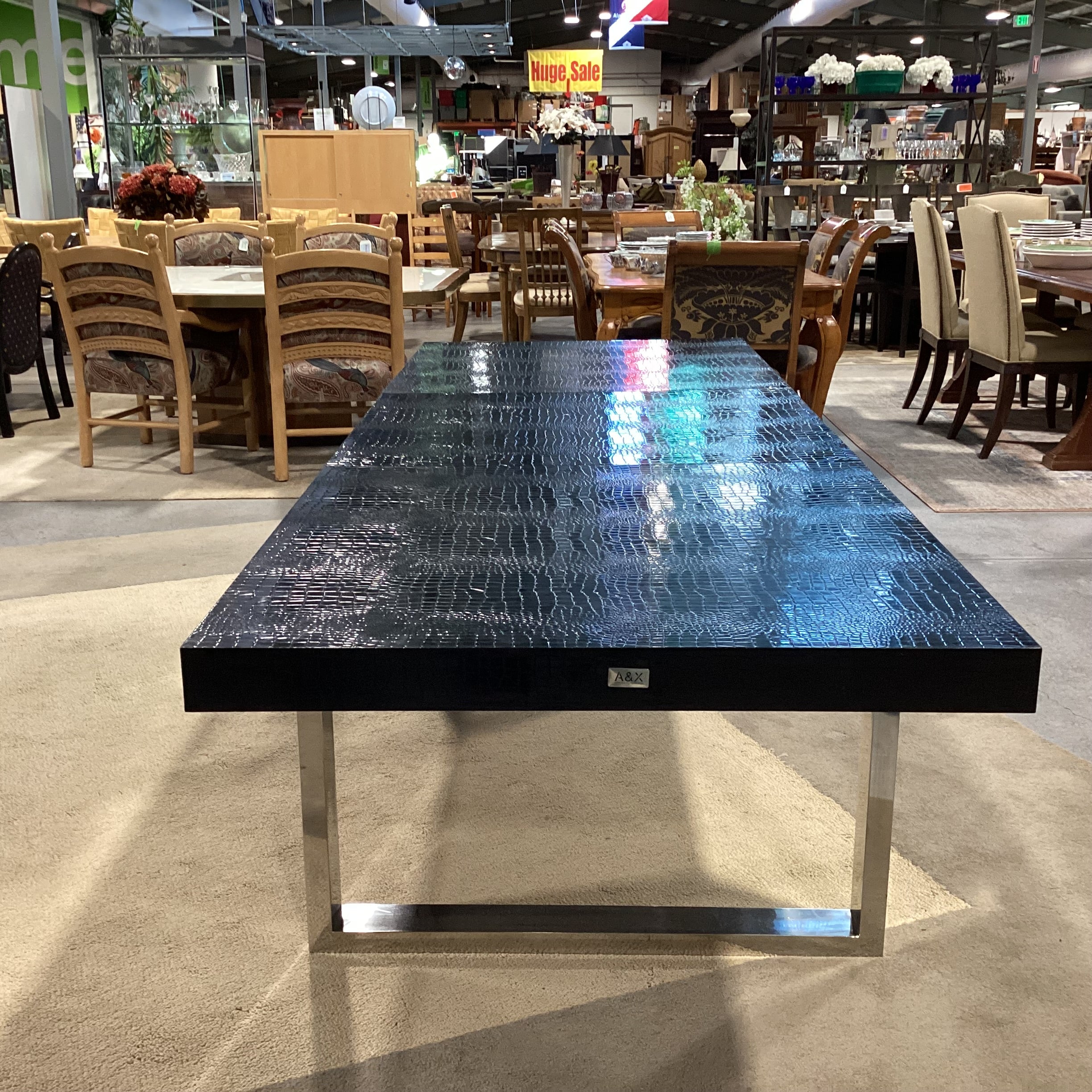 A & X Casa Luxury Collection Skyline Modern Black Krocodile Lacquer & Chrome 1 Leaf Dining Table 71" to 100.5"x 37"x 29"